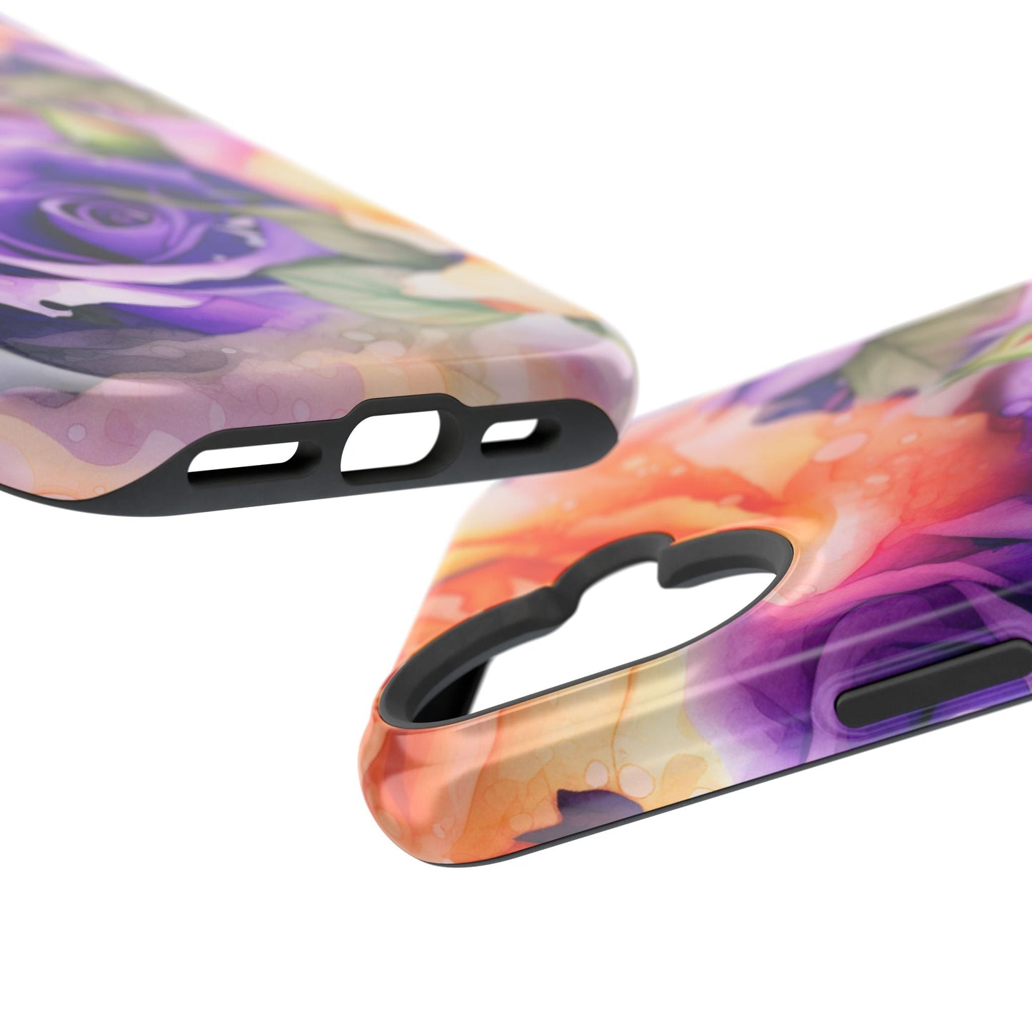 Vibrant Purple & Orange Rose MagSafe iPhone Case – Watercolor Floral Aesthetic with Wireless Charging - BOGO Cases
