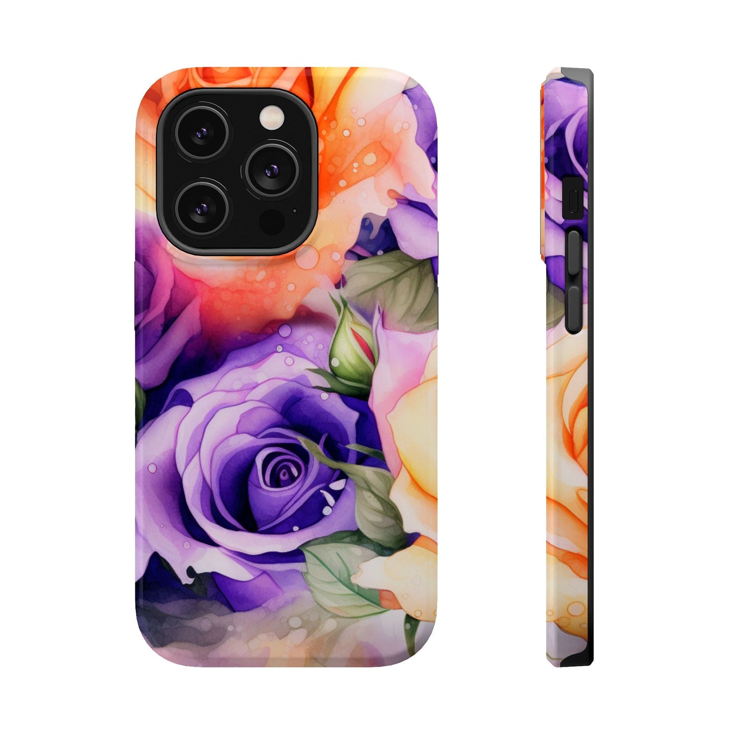 Vibrant Purple & Orange Rose MagSafe iPhone Case – Watercolor Floral Aesthetic with Wireless Charging - BOGO Cases