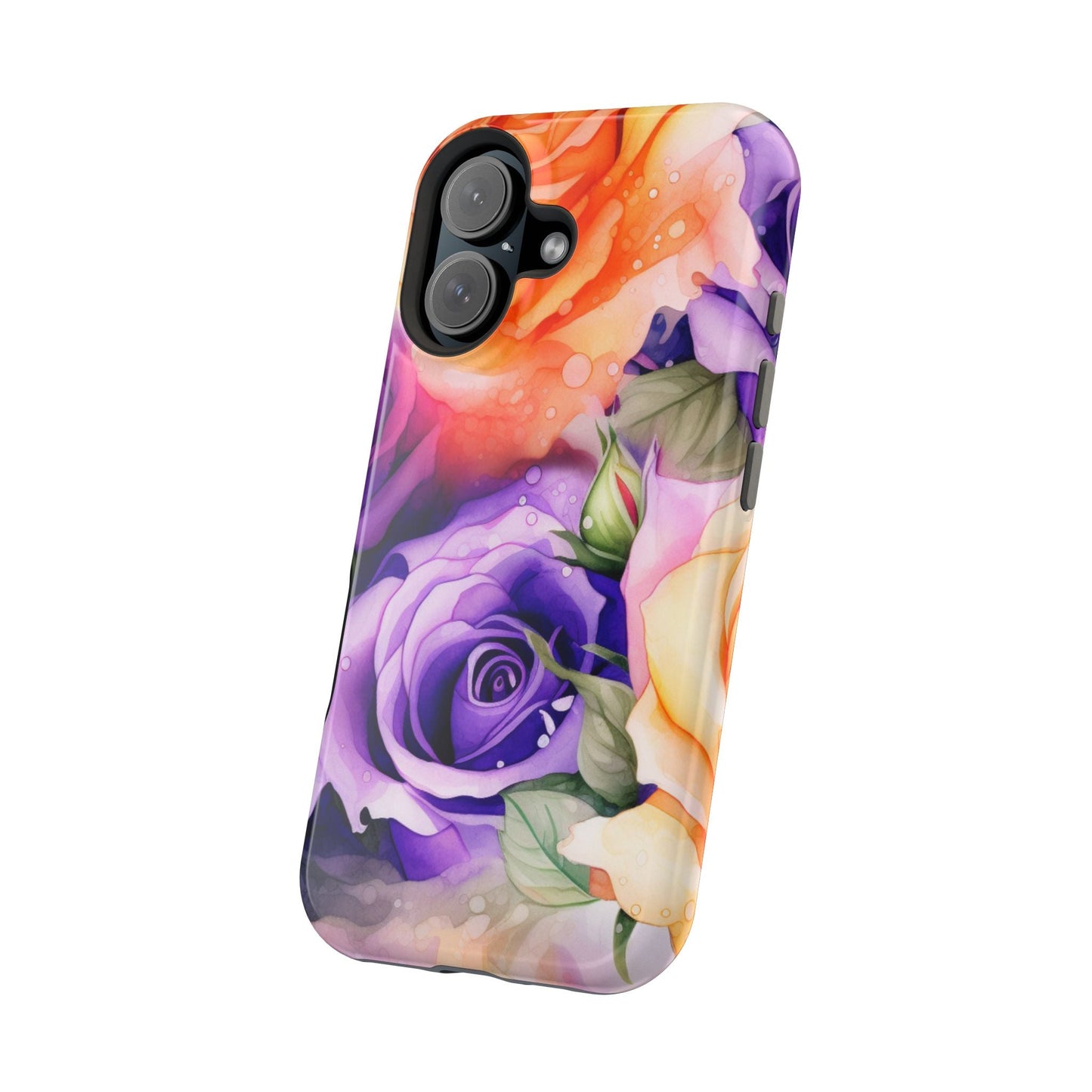 Vibrant Purple & Orange Rose MagSafe iPhone Case – Watercolor Floral Aesthetic with Wireless Charging - BOGO Cases