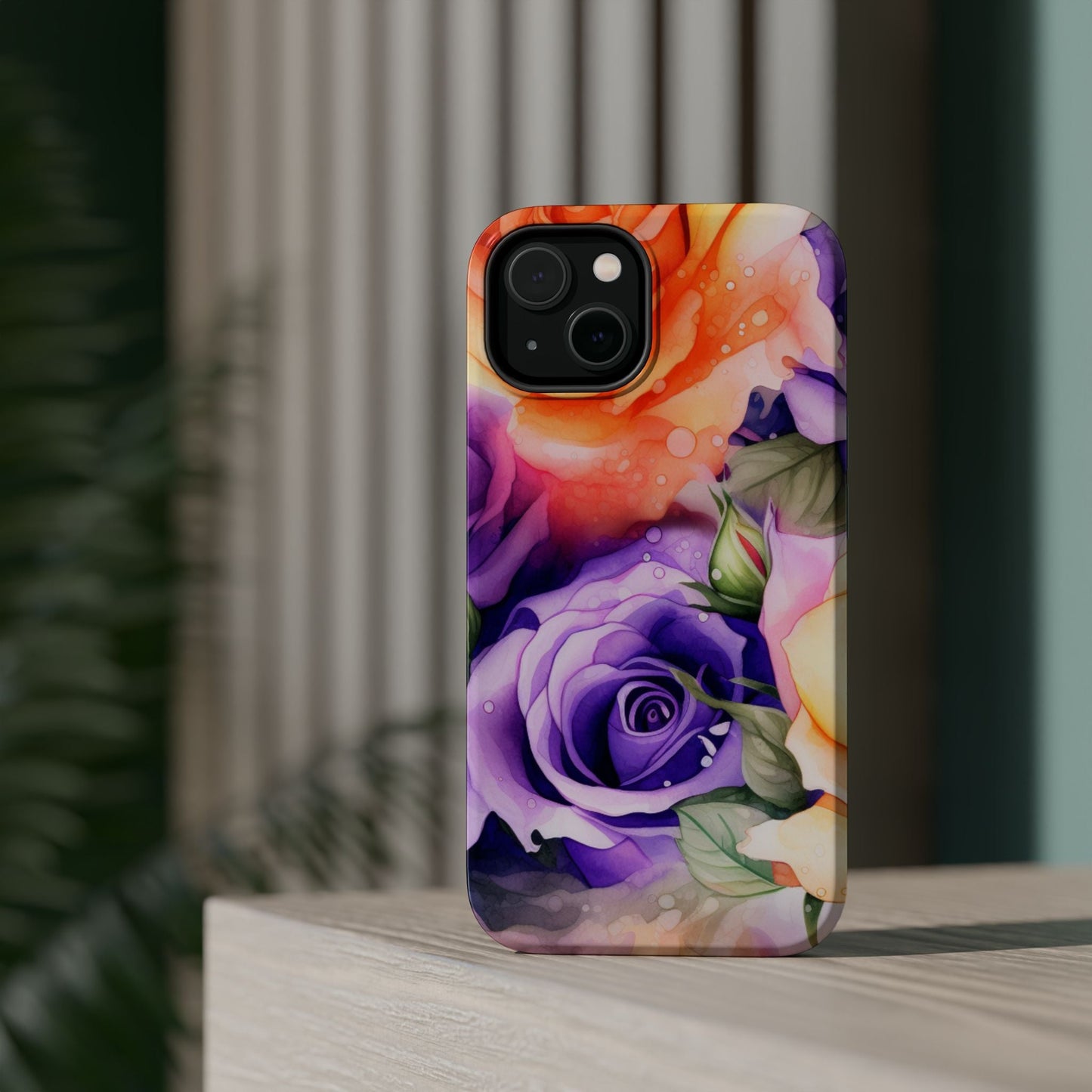Vibrant Purple & Orange Rose MagSafe iPhone Case – Watercolor Floral Aesthetic with Wireless Charging - BOGO Cases