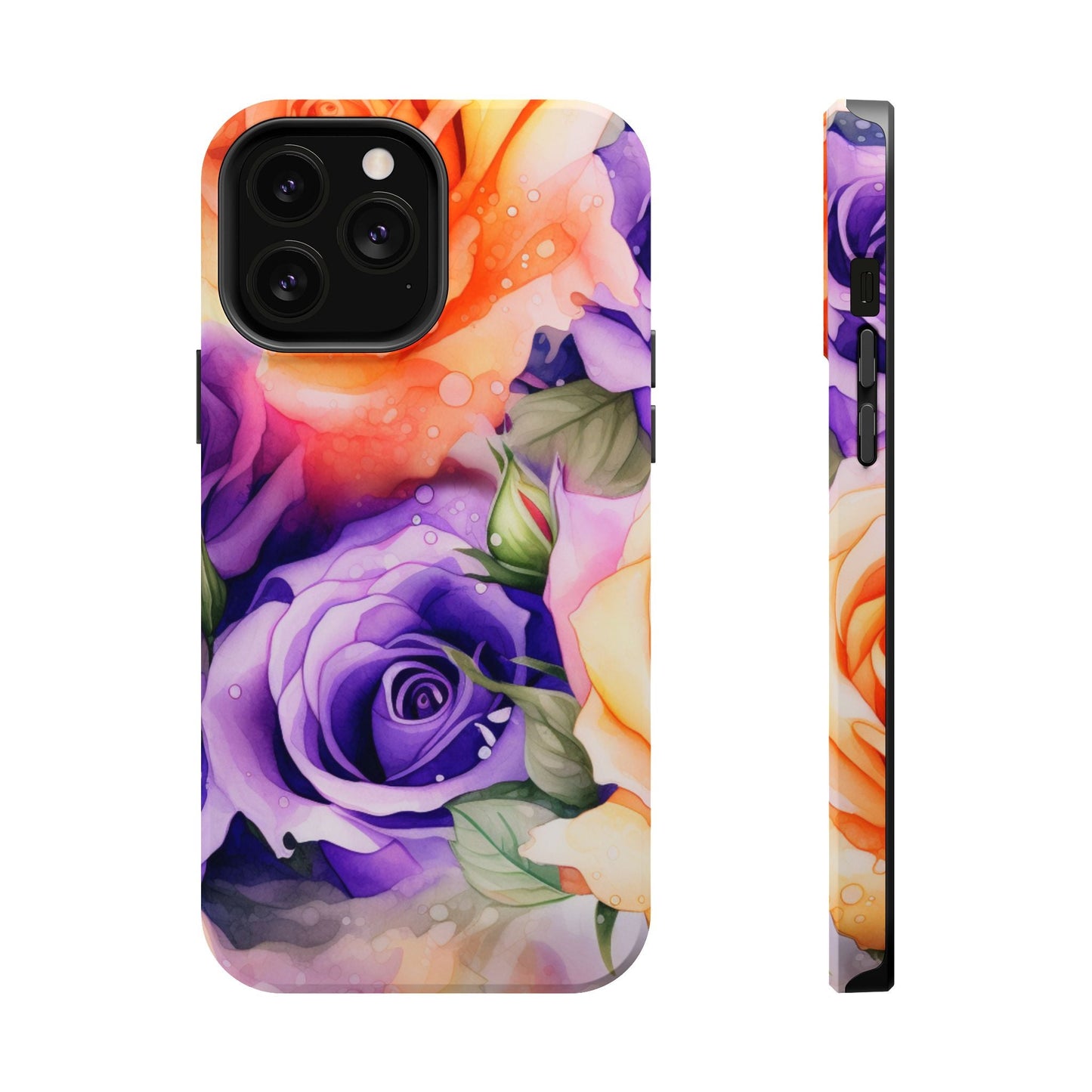 Vibrant Purple & Orange Rose MagSafe iPhone Case – Watercolor Floral Aesthetic with Wireless Charging - BOGO Cases