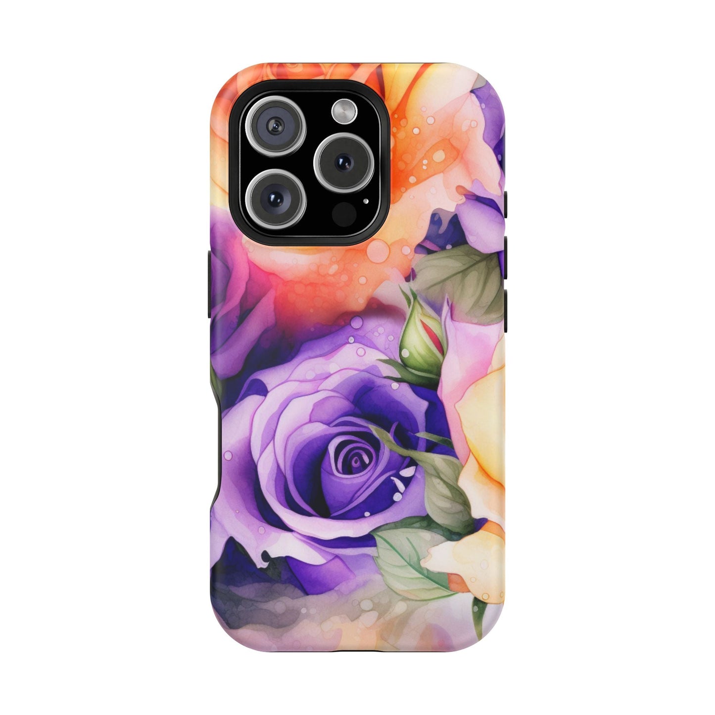 Vibrant Purple & Orange Rose MagSafe iPhone Case – Watercolor Floral Aesthetic with Wireless Charging - BOGO Cases