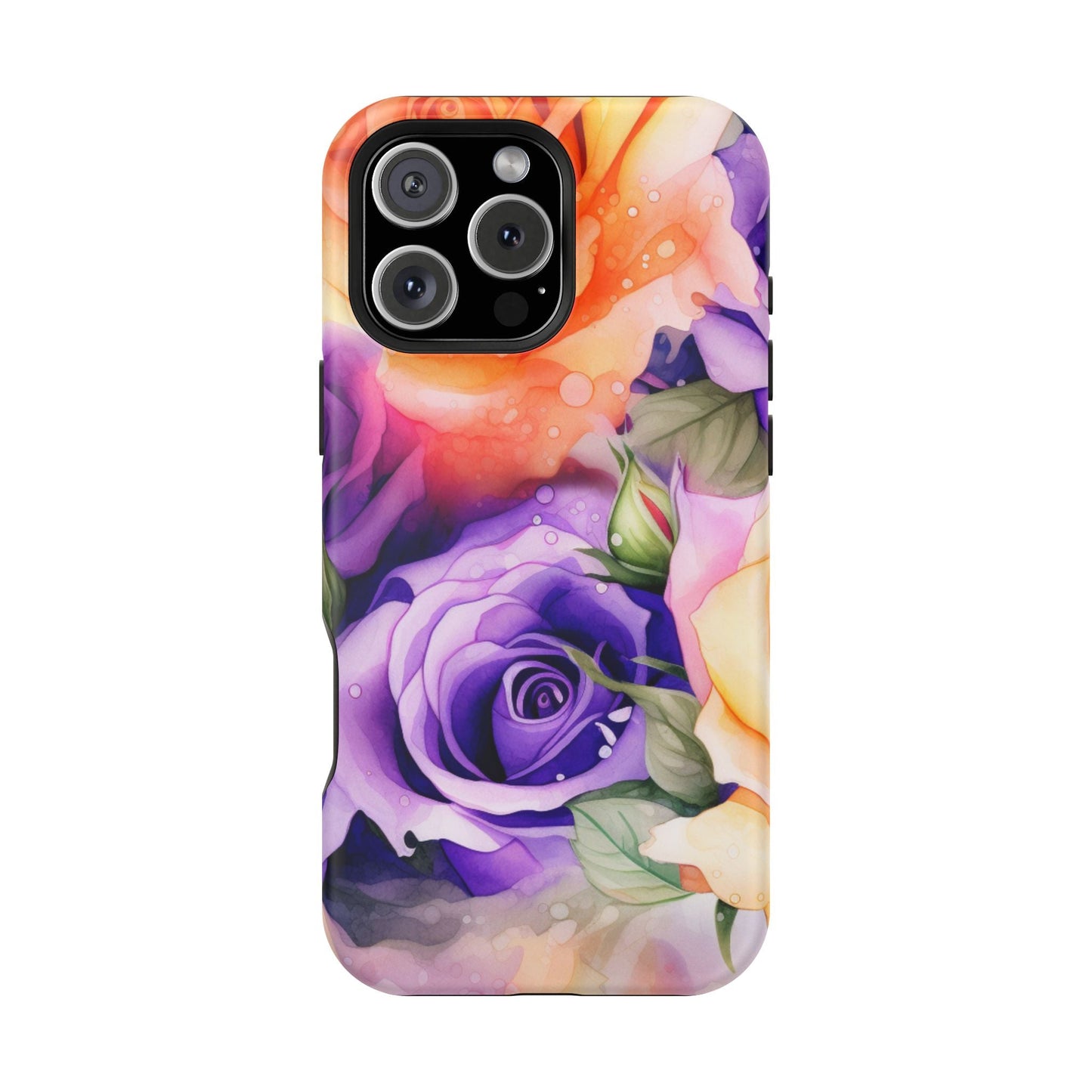 Vibrant Purple & Orange Rose MagSafe iPhone Case – Watercolor Floral Aesthetic with Wireless Charging - BOGO Cases