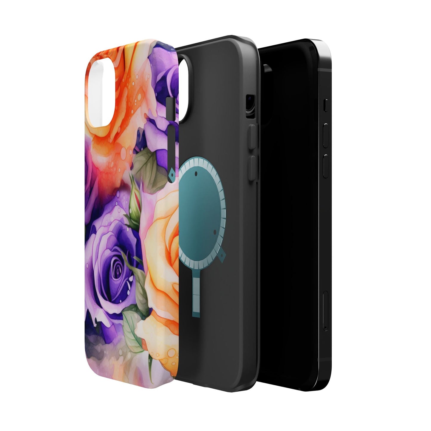 Vibrant Purple & Orange Rose MagSafe iPhone Case – Watercolor Floral Aesthetic with Wireless Charging - BOGO Cases