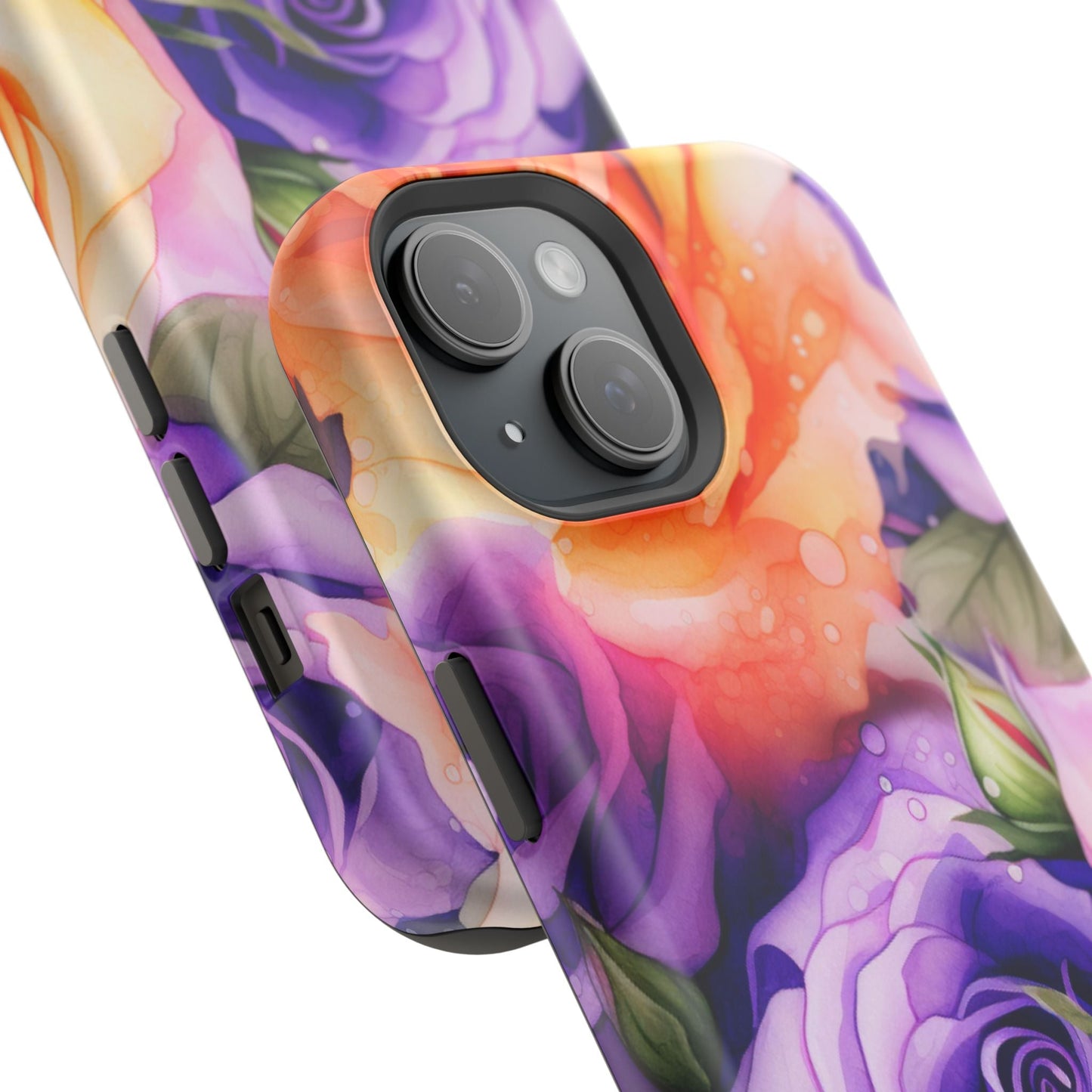 Vibrant Purple & Orange Rose MagSafe iPhone Case – Watercolor Floral Aesthetic with Wireless Charging - BOGO Cases