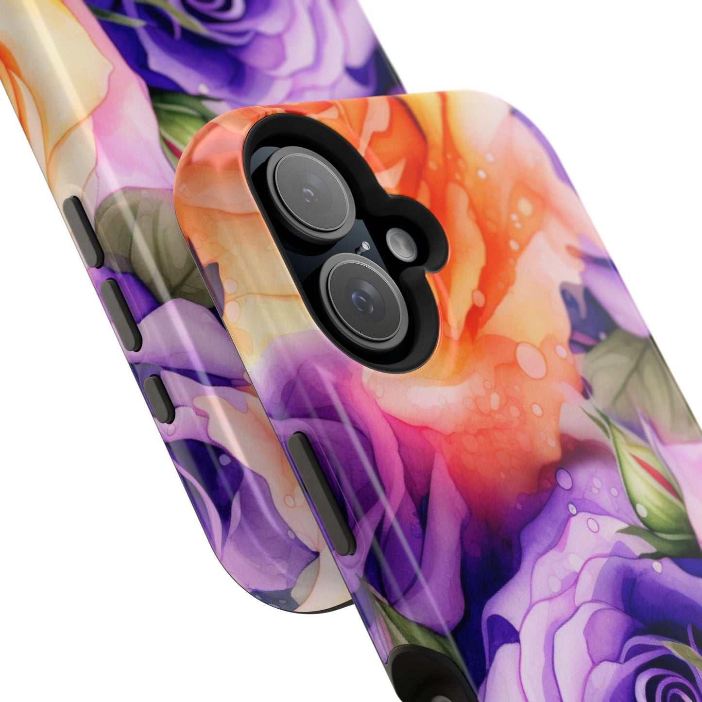 Vibrant Purple & Orange Rose MagSafe iPhone Case – Watercolor Floral Aesthetic with Wireless Charging - BOGO Cases