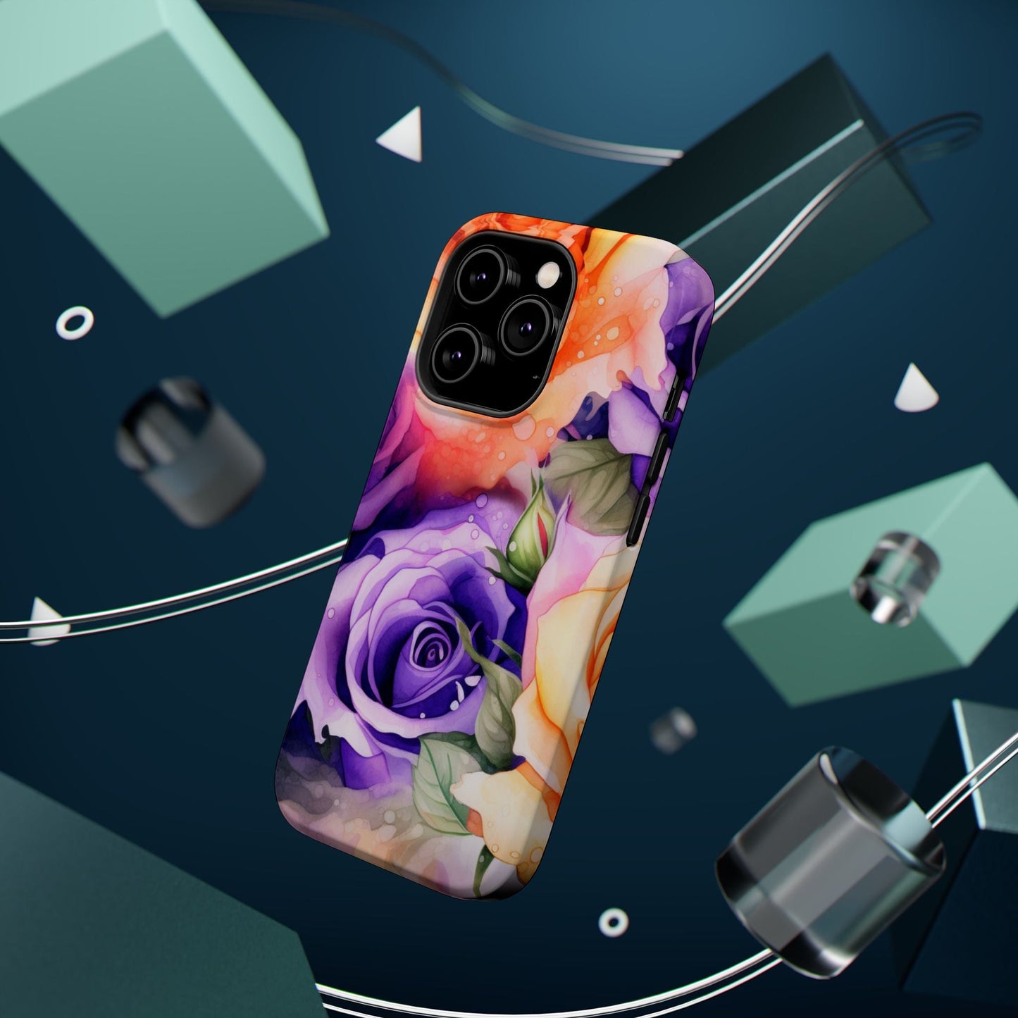 Vibrant Purple & Orange Rose MagSafe iPhone Case – Watercolor Floral Aesthetic with Wireless Charging - BOGO Cases