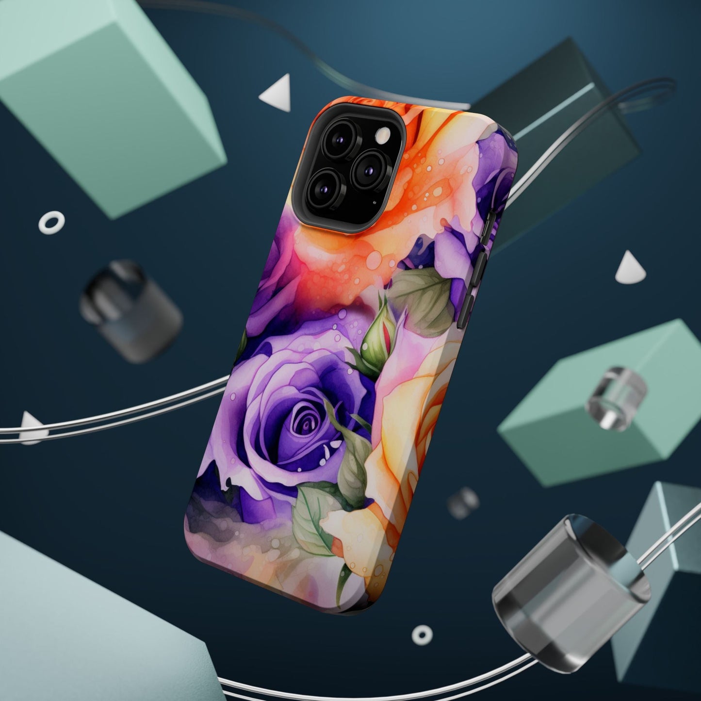 Vibrant Purple & Orange Rose MagSafe iPhone Case – Watercolor Floral Aesthetic with Wireless Charging - BOGO Cases