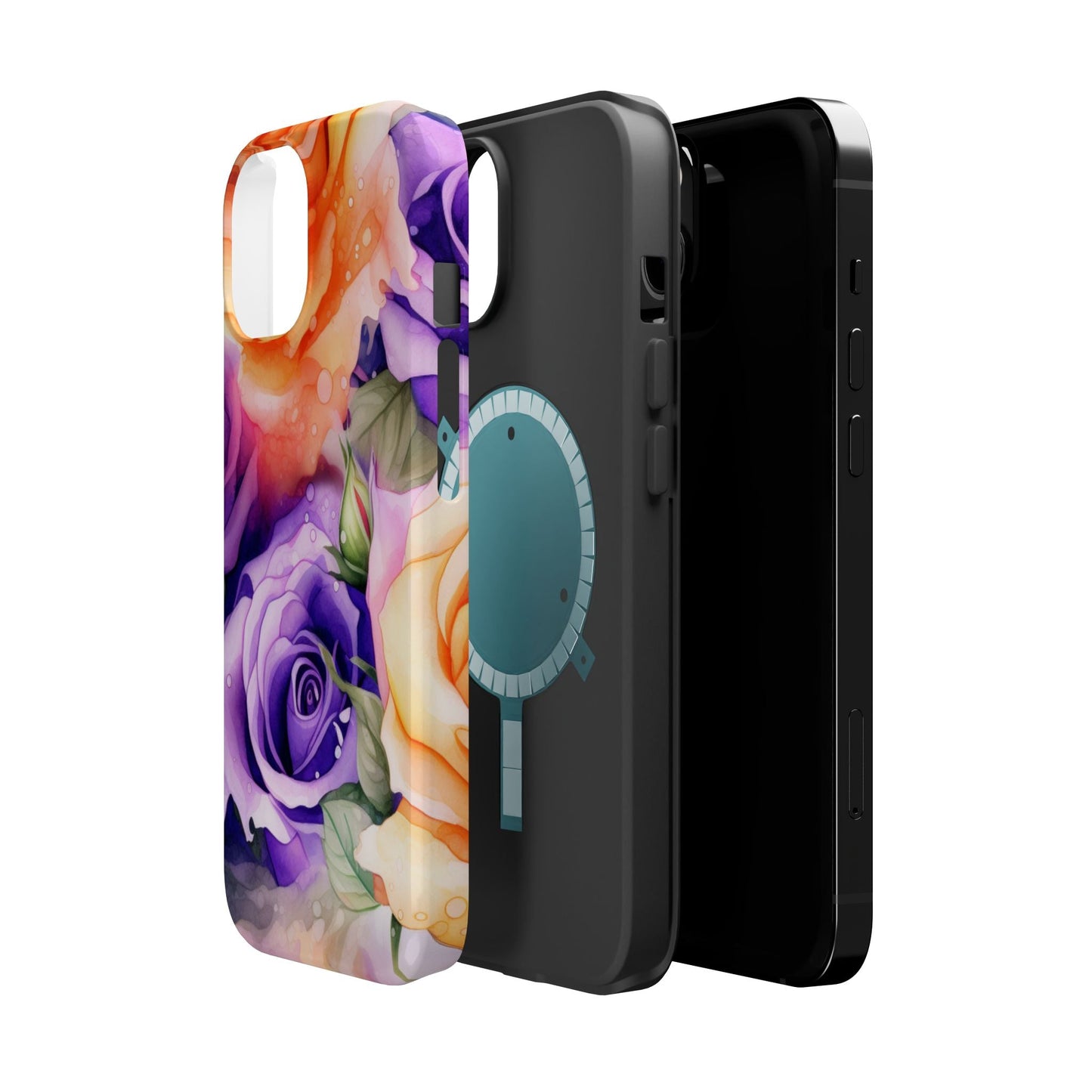 Vibrant Purple & Orange Rose MagSafe iPhone Case – Watercolor Floral Aesthetic with Wireless Charging - BOGO Cases
