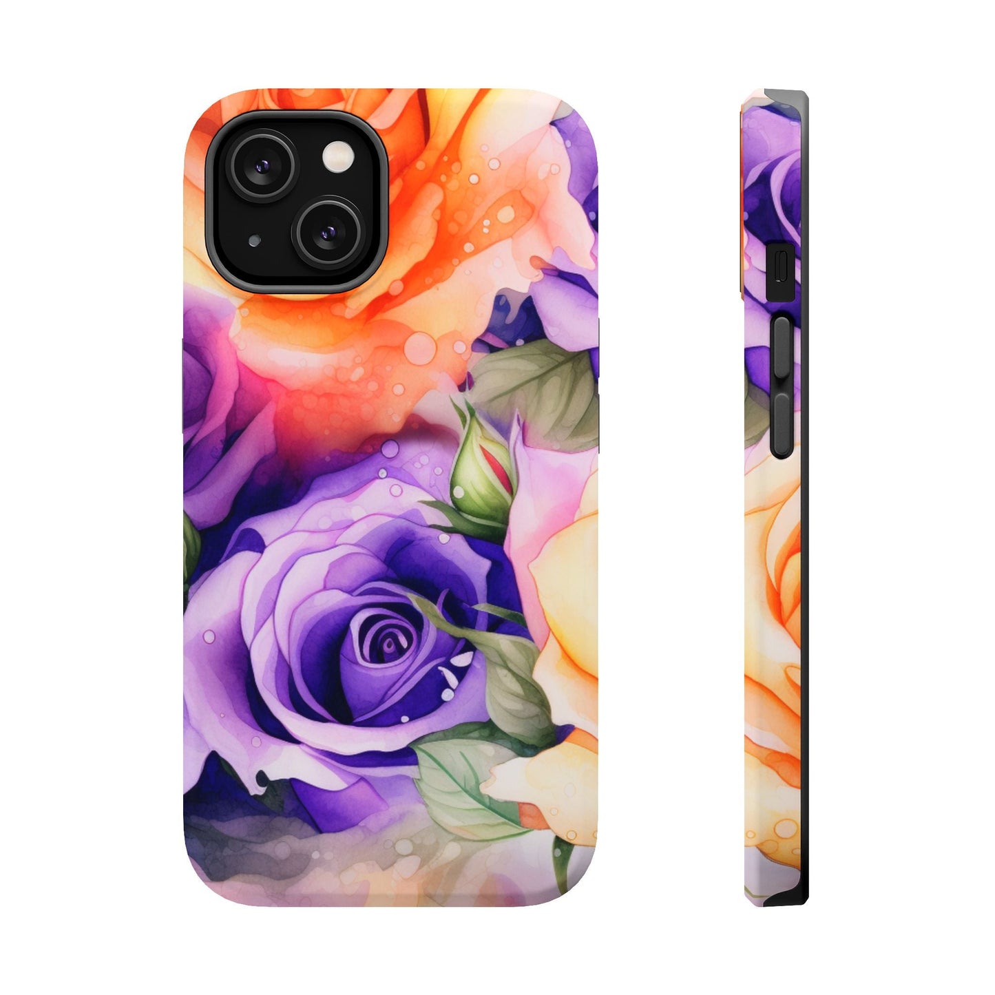 Vibrant Purple & Orange Rose MagSafe iPhone Case – Watercolor Floral Aesthetic with Wireless Charging - BOGO Cases