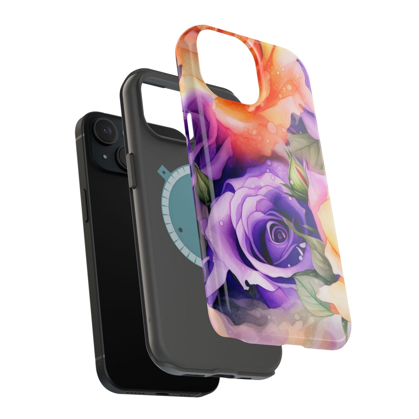 Vibrant Purple & Orange Rose MagSafe iPhone Case – Watercolor Floral Aesthetic with Wireless Charging - BOGO Cases