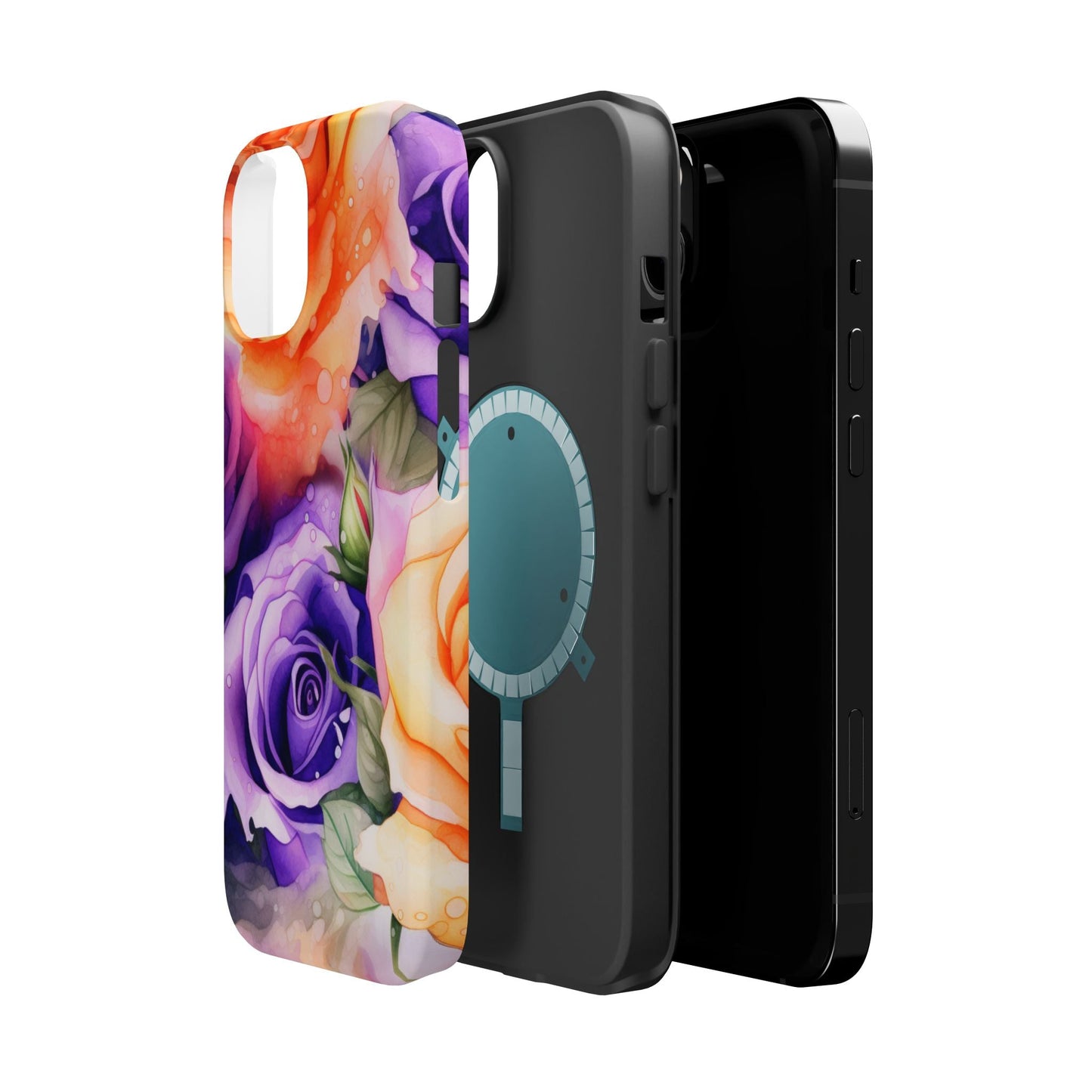 Vibrant Purple & Orange Rose MagSafe iPhone Case – Watercolor Floral Aesthetic with Wireless Charging - BOGO Cases