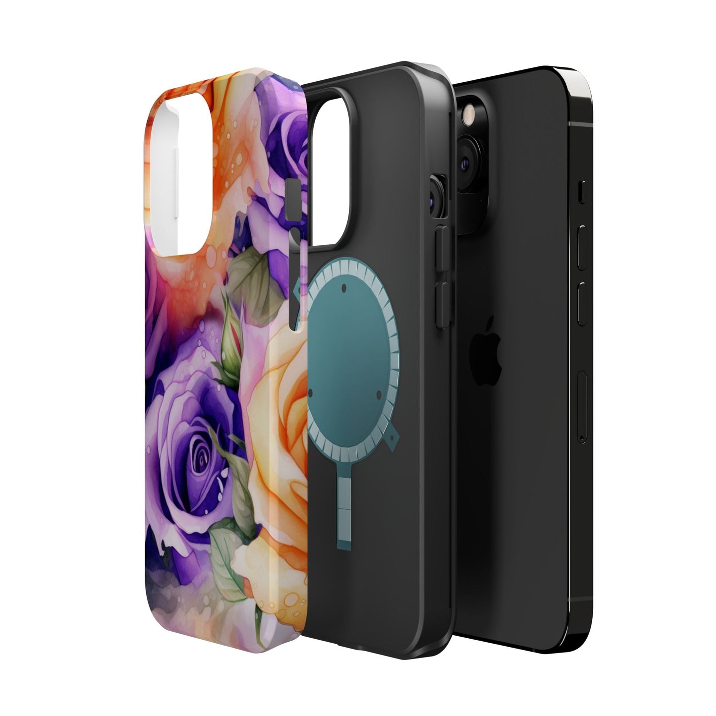 Vibrant Purple & Orange Rose MagSafe iPhone Case – Watercolor Floral Aesthetic with Wireless Charging - BOGO Cases