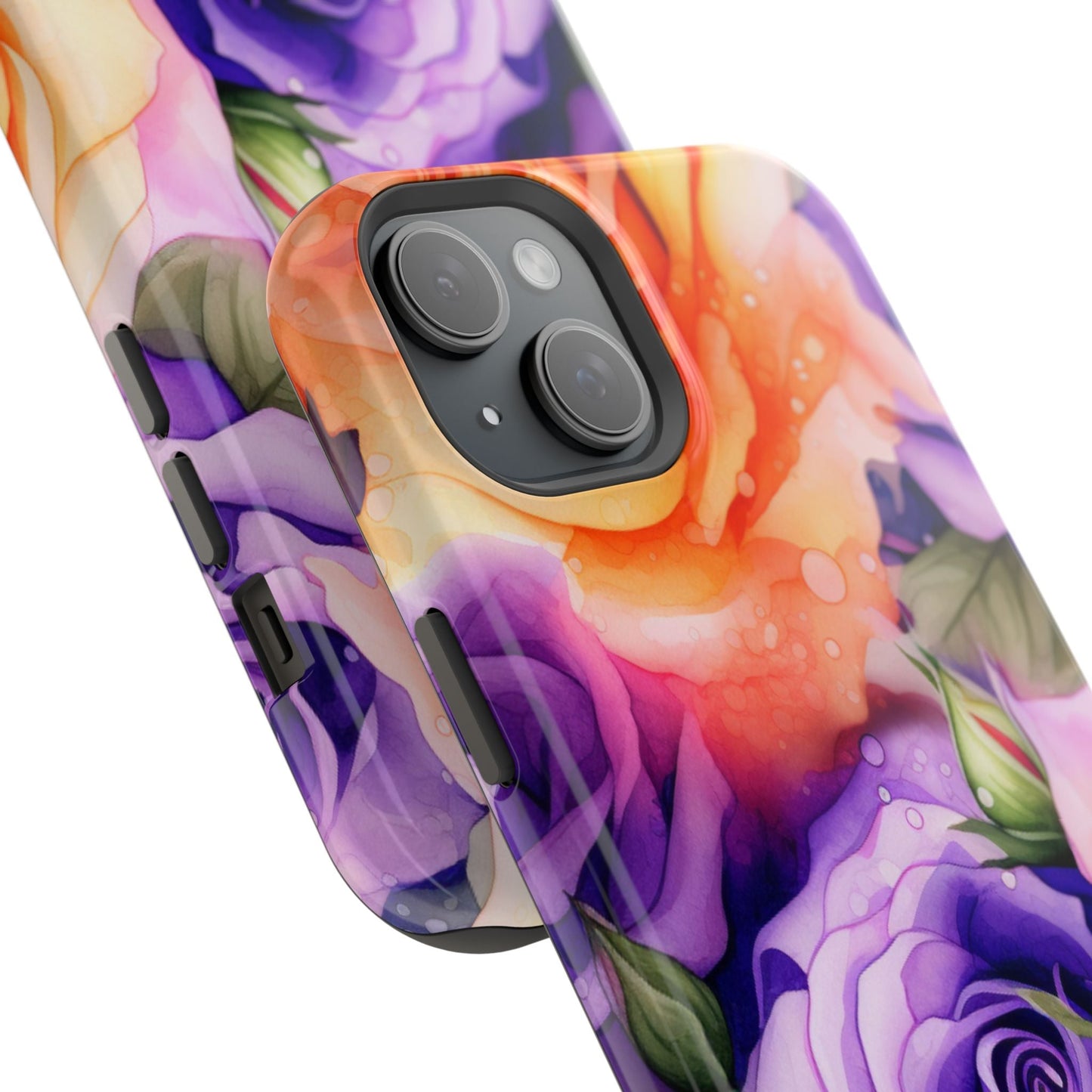 Vibrant Purple & Orange Rose MagSafe iPhone Case – Watercolor Floral Aesthetic with Wireless Charging - BOGO Cases