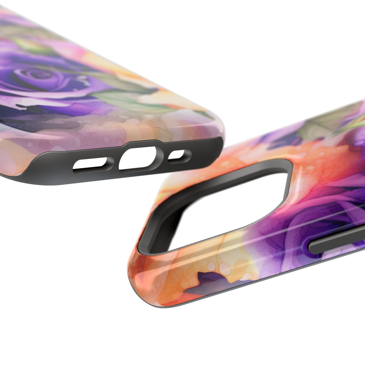 Vibrant Purple & Orange Rose MagSafe iPhone Case – Watercolor Floral Aesthetic with Wireless Charging - BOGO Cases