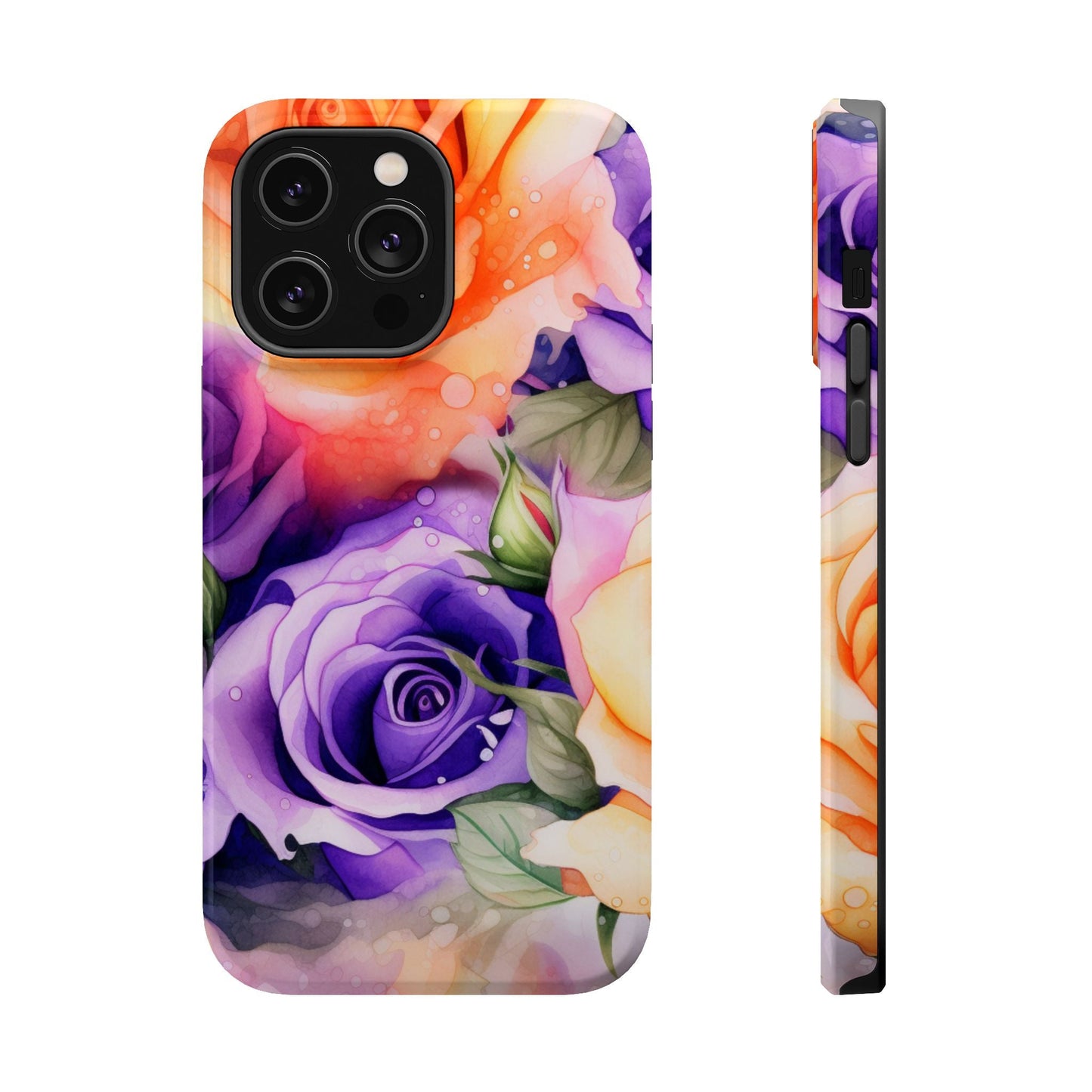 Vibrant Purple & Orange Rose MagSafe iPhone Case – Watercolor Floral Aesthetic with Wireless Charging - BOGO Cases