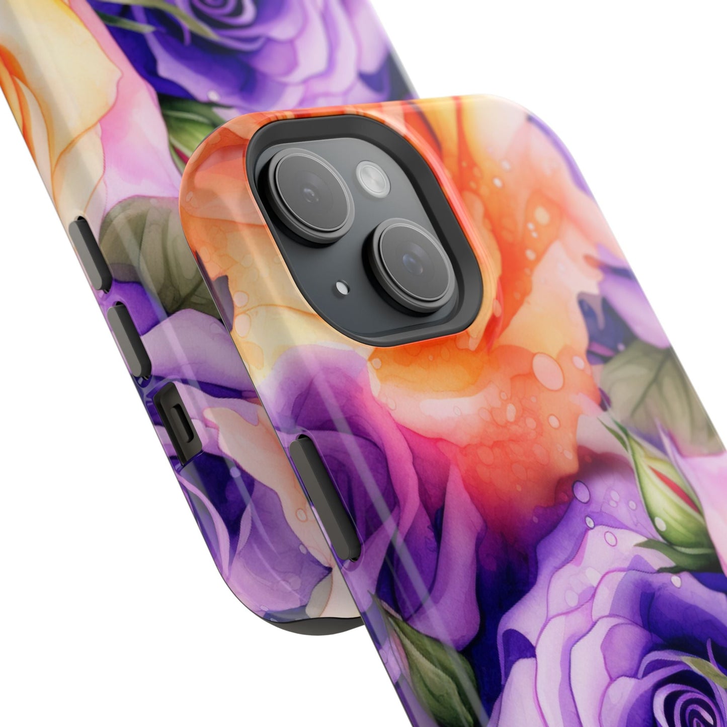 Vibrant Purple & Orange Rose MagSafe iPhone Case – Watercolor Floral Aesthetic with Wireless Charging - BOGO Cases