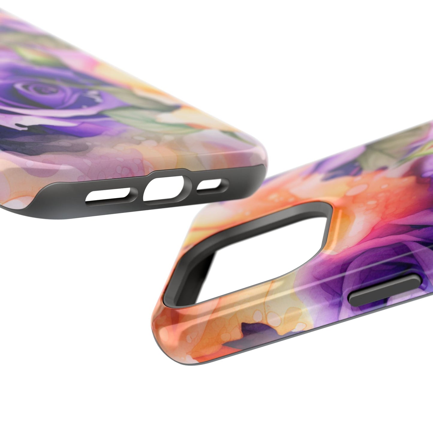 Vibrant Purple & Orange Rose MagSafe iPhone Case – Watercolor Floral Aesthetic with Wireless Charging - BOGO Cases