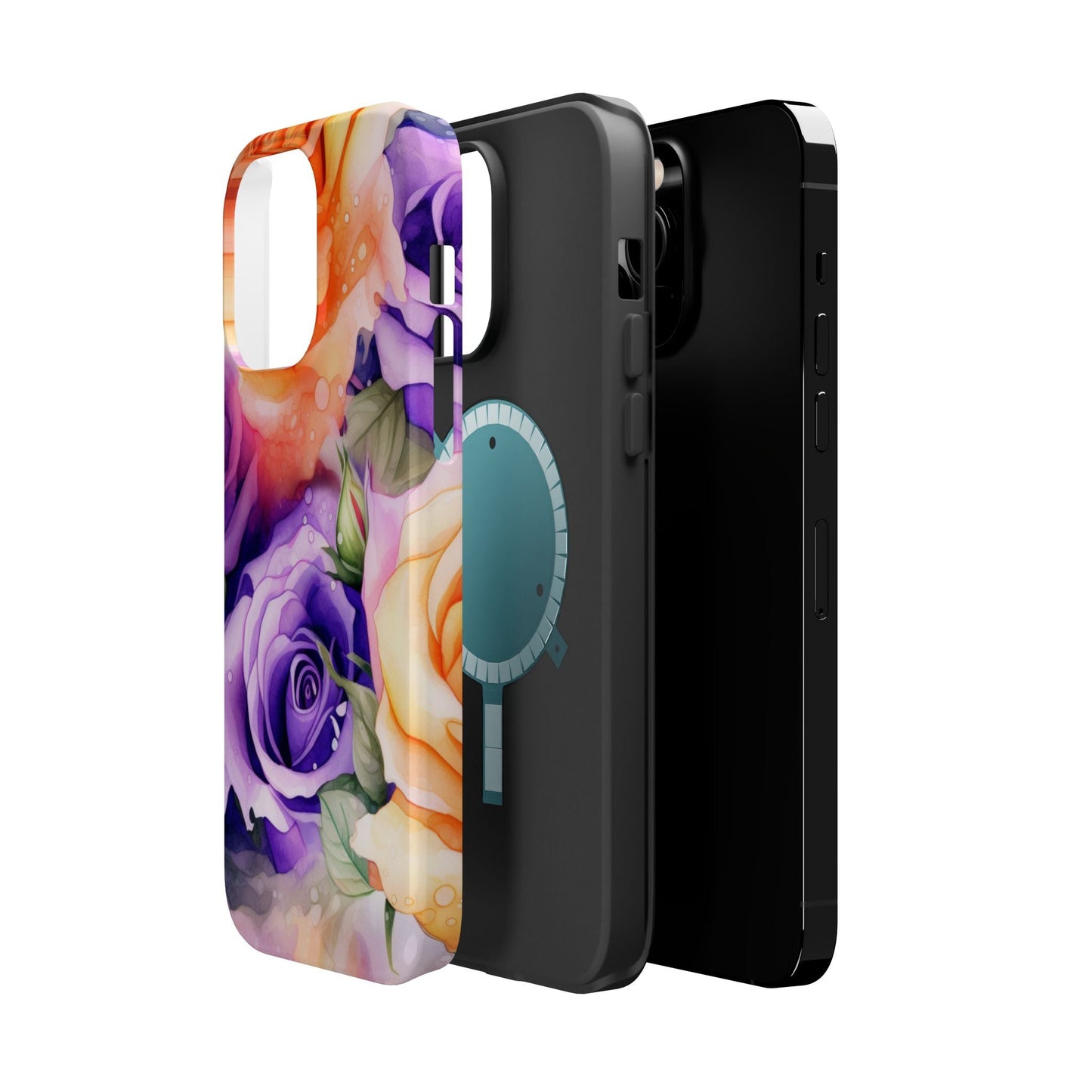 Vibrant Purple & Orange Rose MagSafe iPhone Case – Watercolor Floral Aesthetic with Wireless Charging - BOGO Cases