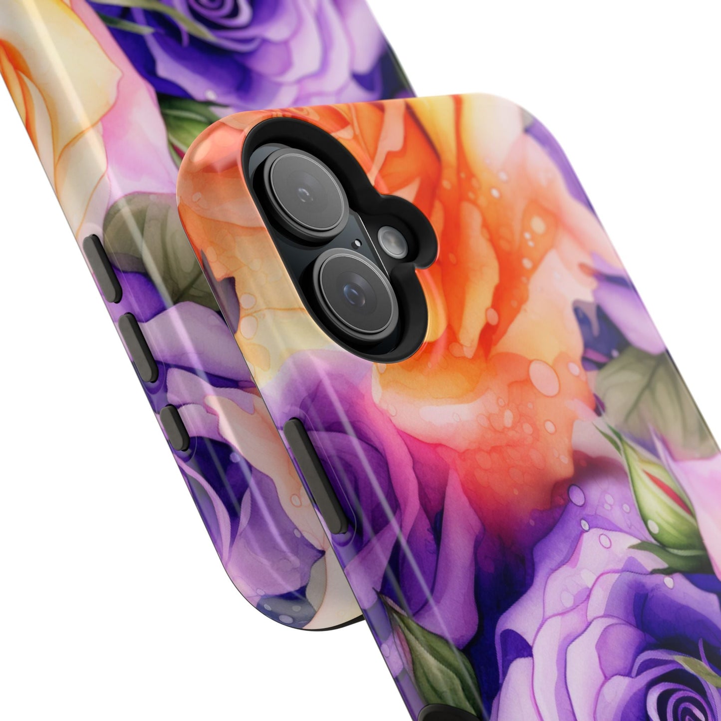 Vibrant Purple & Orange Rose MagSafe iPhone Case – Watercolor Floral Aesthetic with Wireless Charging - BOGO Cases