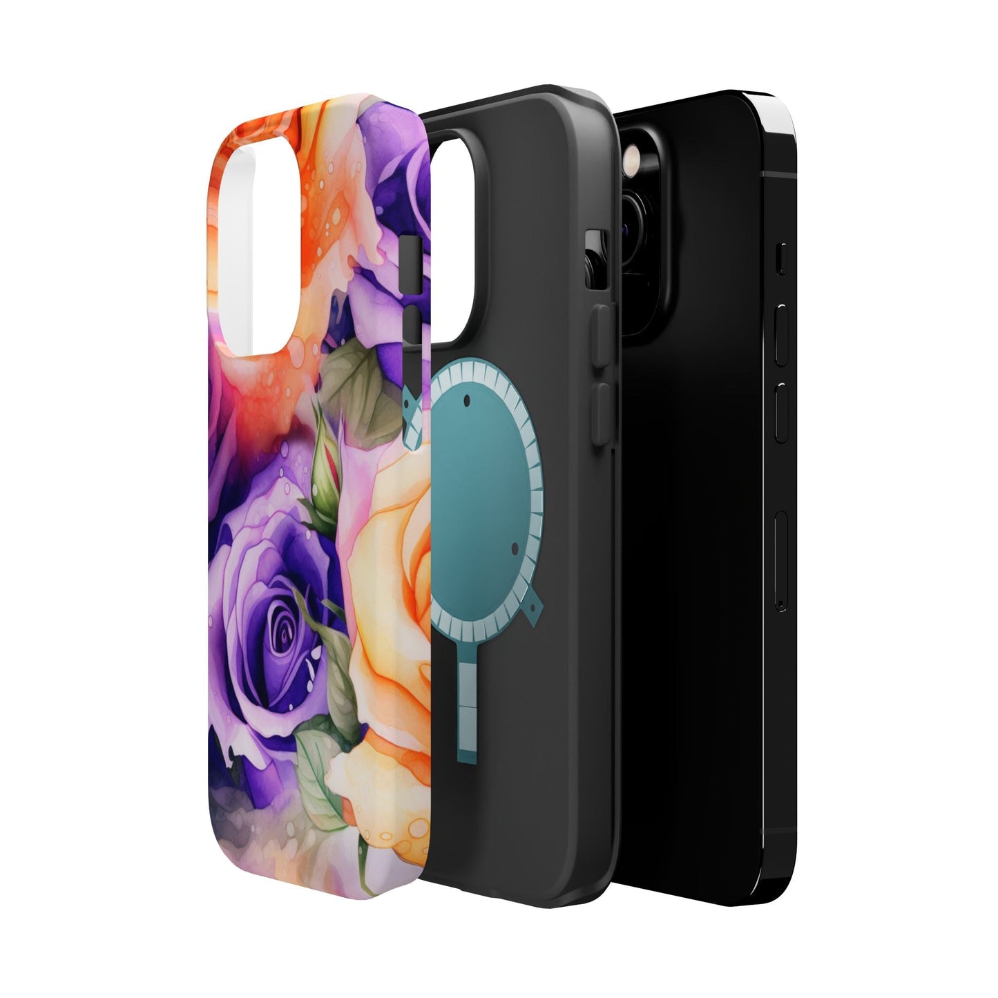 Vibrant Purple & Orange Rose MagSafe iPhone Case – Watercolor Floral Aesthetic with Wireless Charging - BOGO Cases