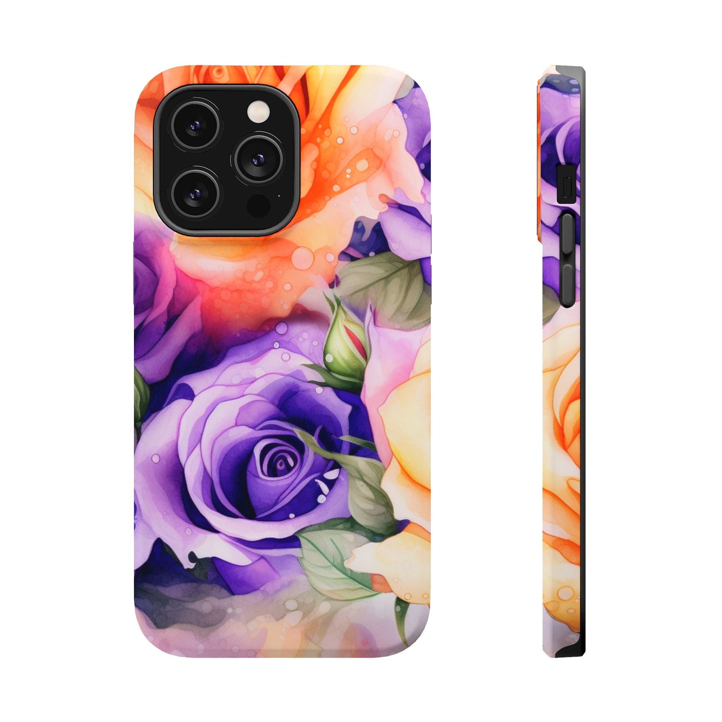 Vibrant Purple & Orange Rose MagSafe iPhone Case – Watercolor Floral Aesthetic with Wireless Charging - BOGO Cases
