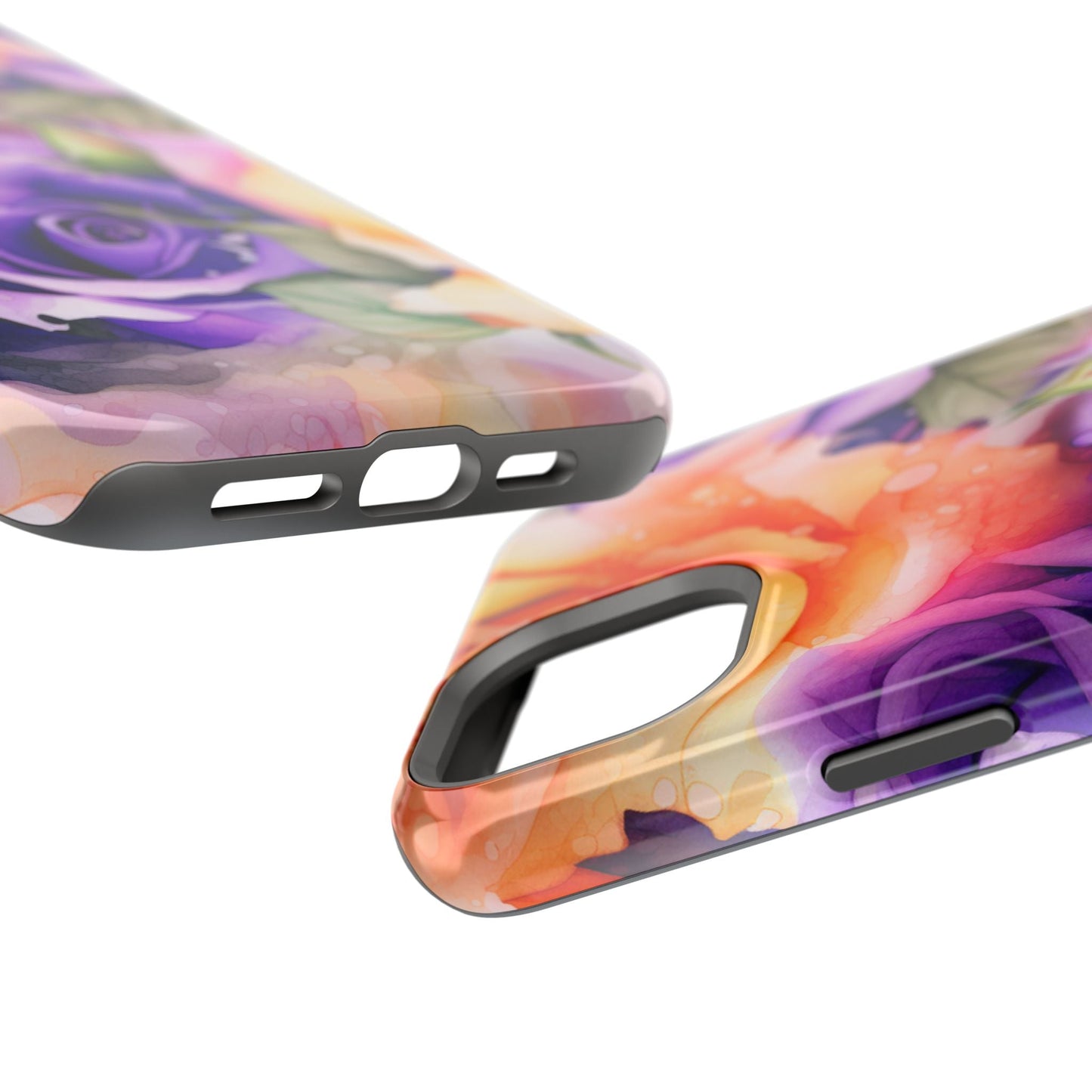 Vibrant Purple & Orange Rose MagSafe iPhone Case – Watercolor Floral Aesthetic with Wireless Charging - BOGO Cases