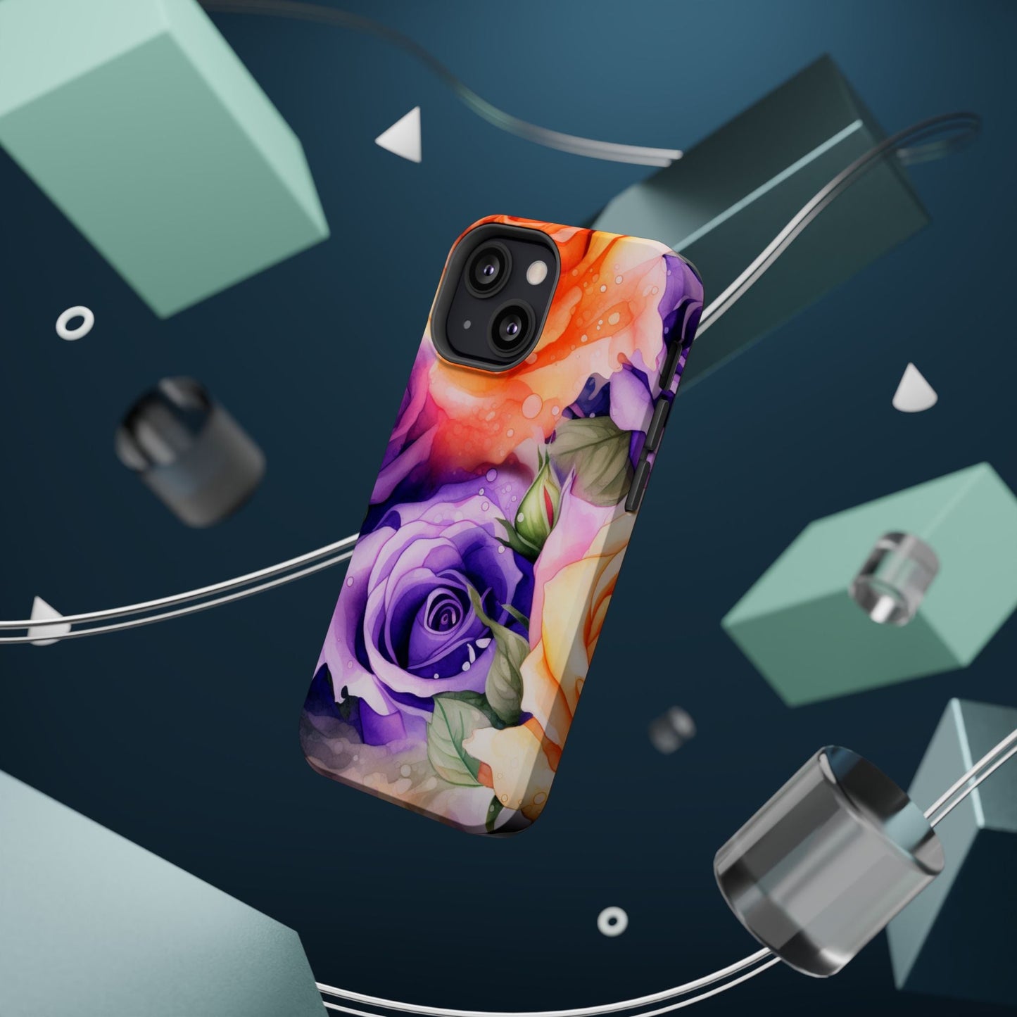 Vibrant Purple & Orange Rose MagSafe iPhone Case – Watercolor Floral Aesthetic with Wireless Charging - BOGO Cases