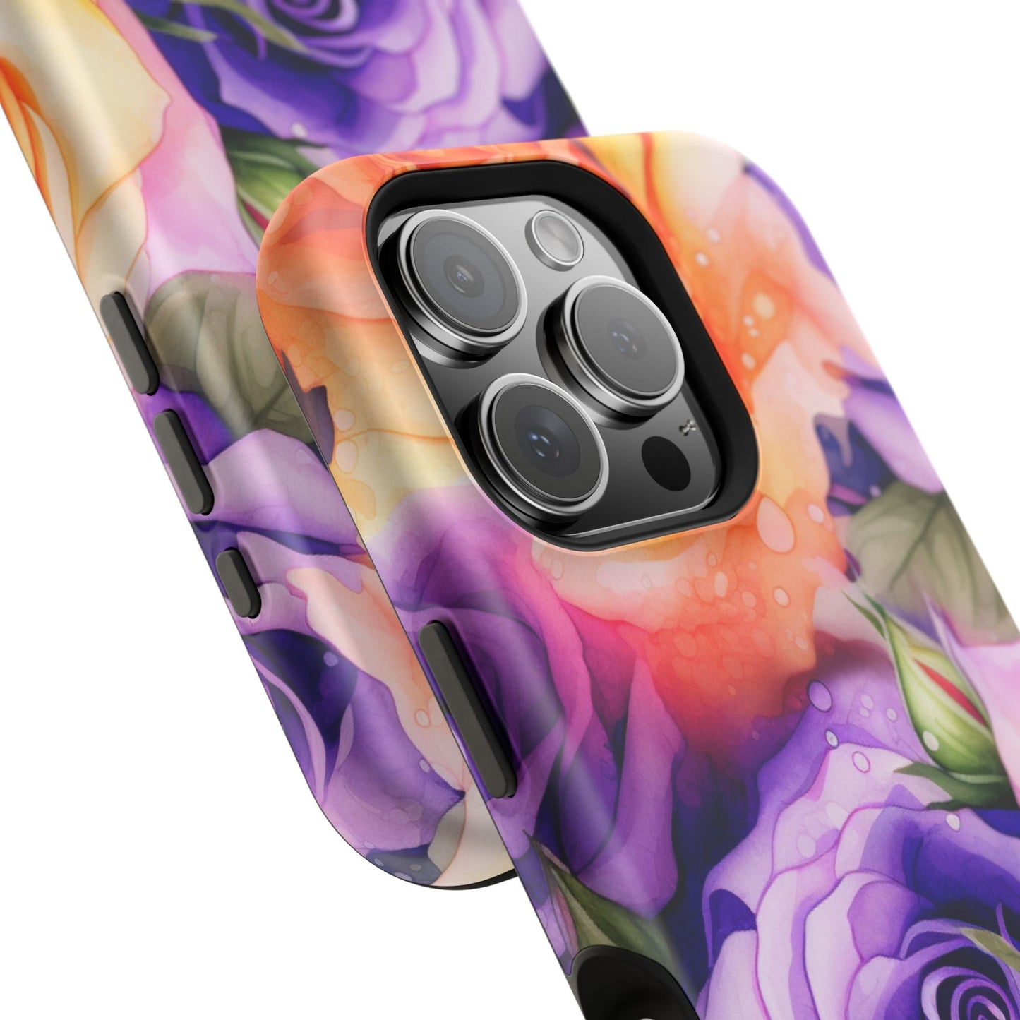 Vibrant Purple & Orange Rose MagSafe iPhone Case – Watercolor Floral Aesthetic with Wireless Charging - BOGO Cases