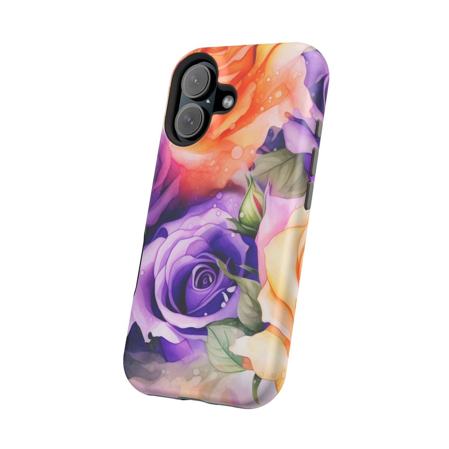 Vibrant Purple & Orange Rose MagSafe iPhone Case – Watercolor Floral Aesthetic with Wireless Charging - BOGO Cases
