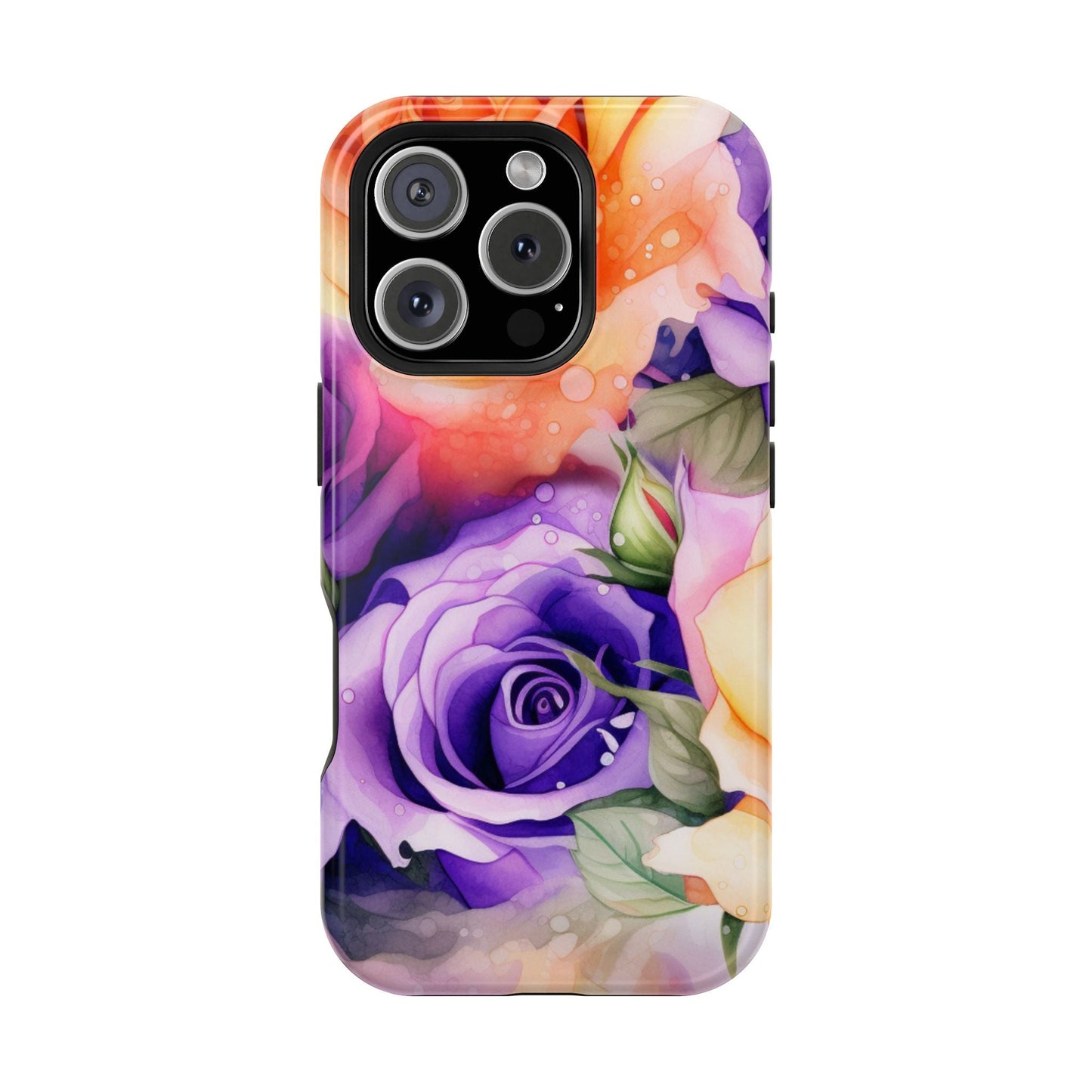 Vibrant Purple & Orange Rose MagSafe iPhone Case – Watercolor Floral Aesthetic with Wireless Charging - BOGO Cases