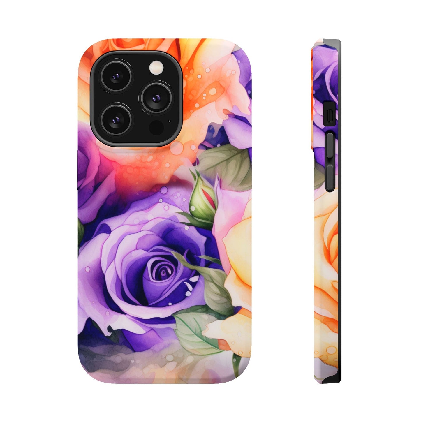 Vibrant Purple & Orange Rose MagSafe iPhone Case – Watercolor Floral Aesthetic with Wireless Charging - BOGO Cases