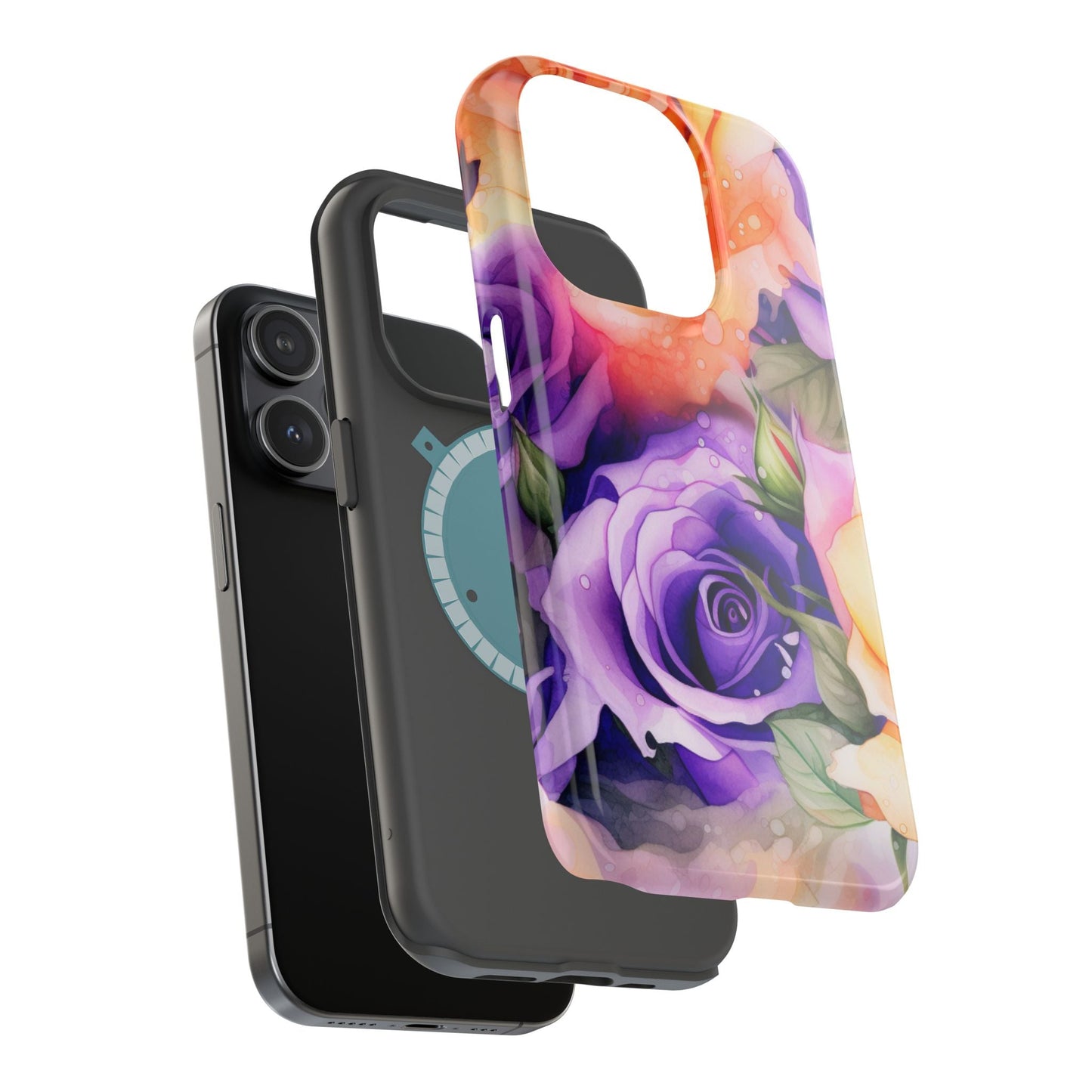 Vibrant Purple & Orange Rose MagSafe iPhone Case – Watercolor Floral Aesthetic with Wireless Charging - BOGO Cases
