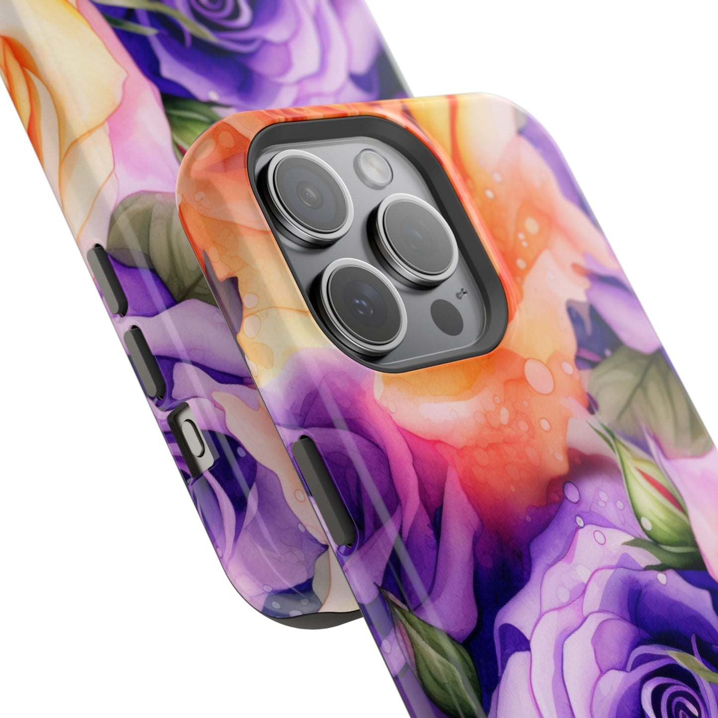 Vibrant Purple & Orange Rose MagSafe iPhone Case – Watercolor Floral Aesthetic with Wireless Charging - BOGO Cases