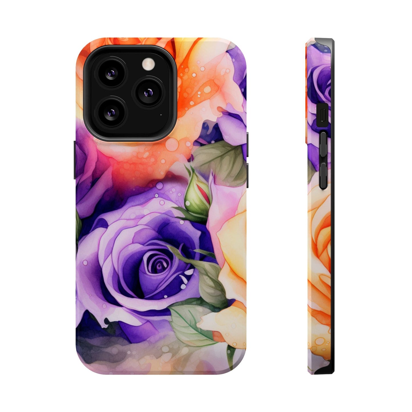 Vibrant Purple & Orange Rose MagSafe iPhone Case – Watercolor Floral Aesthetic with Wireless Charging - BOGO Cases