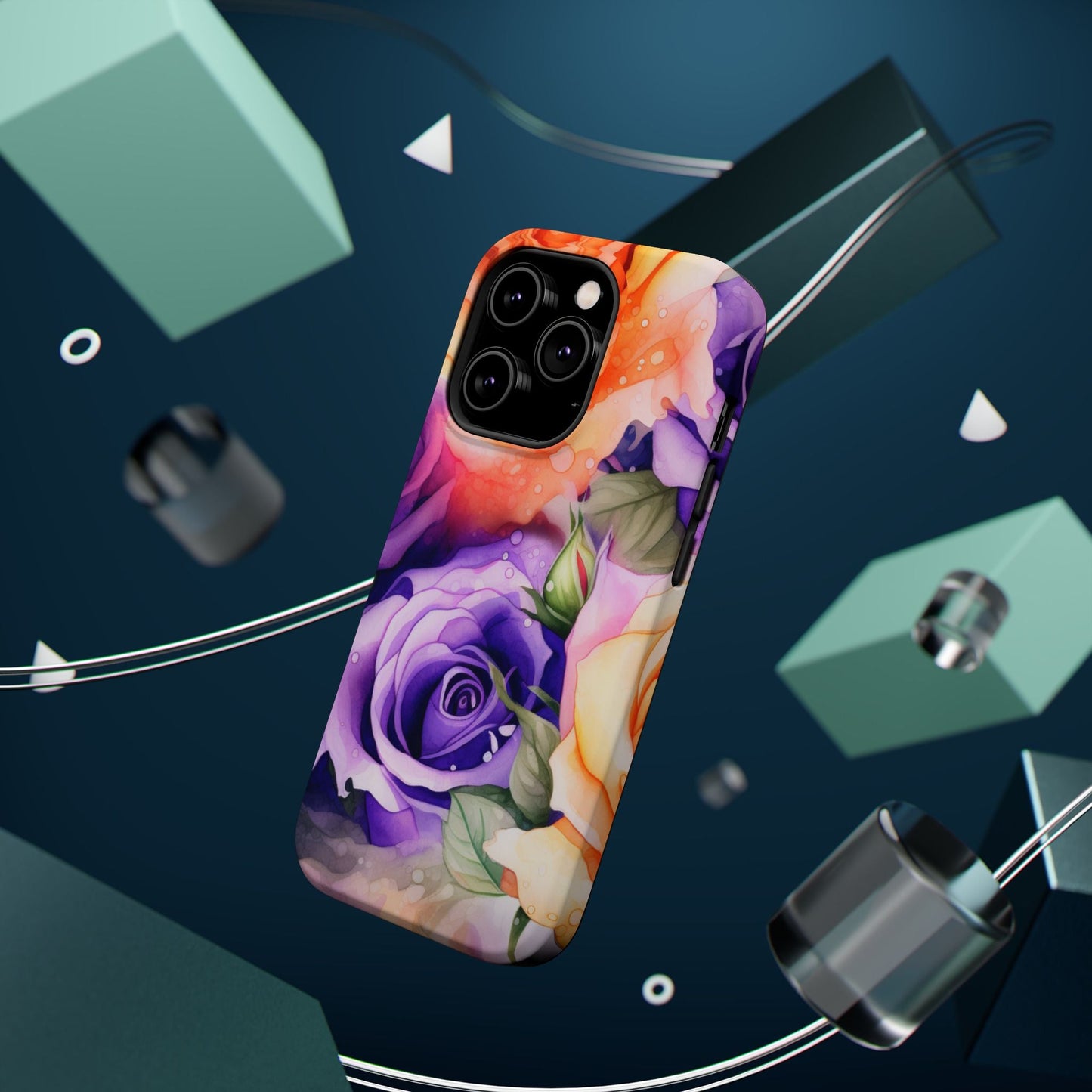 Vibrant Purple & Orange Rose MagSafe iPhone Case – Watercolor Floral Aesthetic with Wireless Charging - BOGO Cases