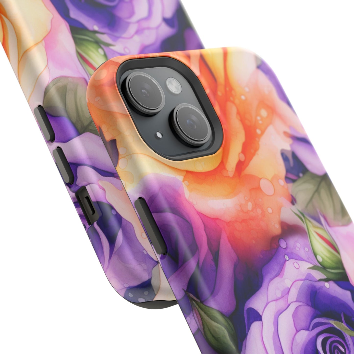 Vibrant Purple & Orange Rose MagSafe iPhone Case – Watercolor Floral Aesthetic with Wireless Charging - BOGO Cases
