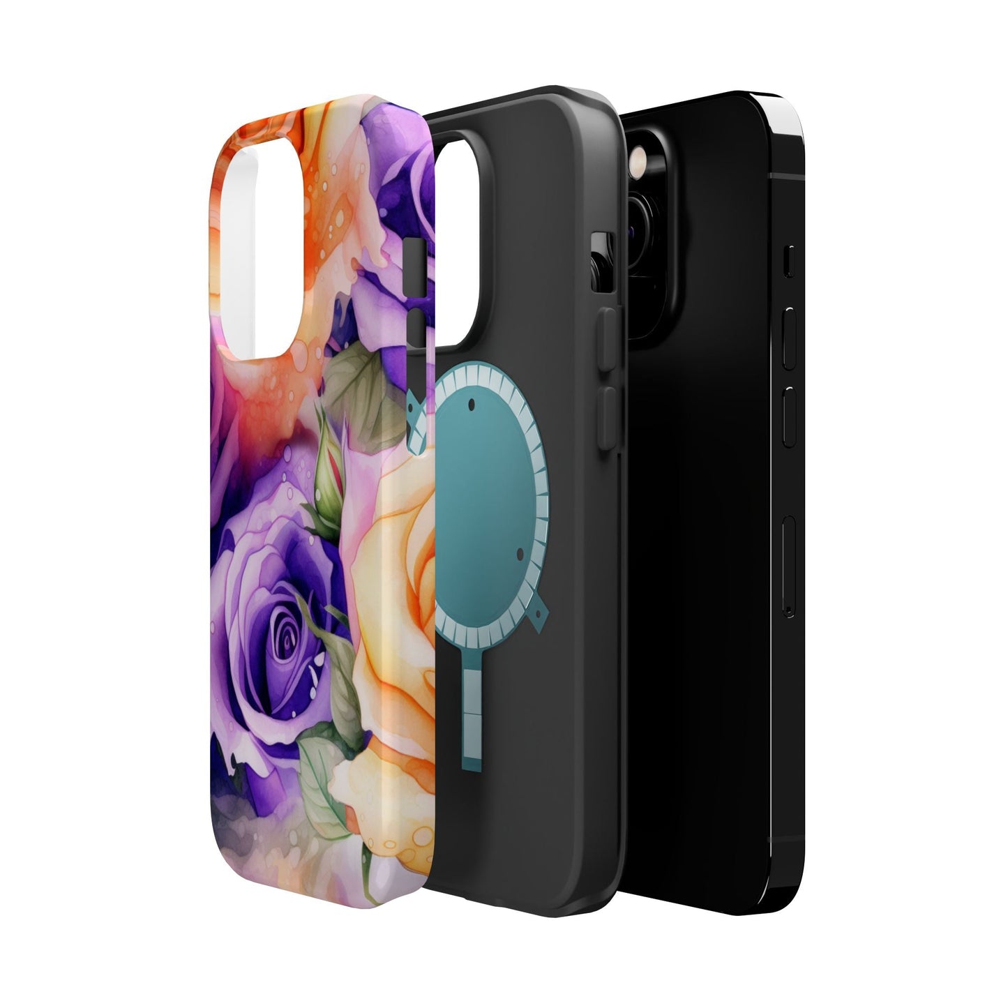 Vibrant Purple & Orange Rose MagSafe iPhone Case – Watercolor Floral Aesthetic with Wireless Charging - BOGO Cases