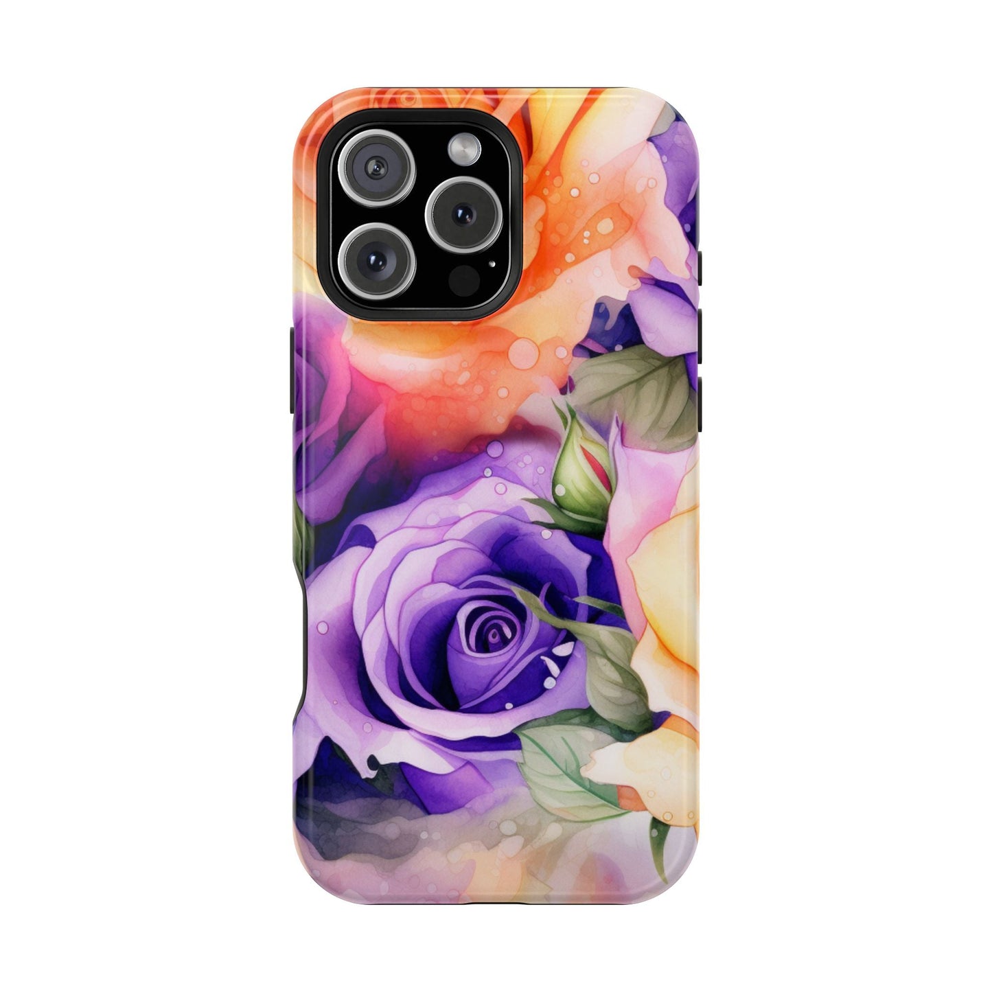 Vibrant Purple & Orange Rose MagSafe iPhone Case – Watercolor Floral Aesthetic with Wireless Charging - BOGO Cases
