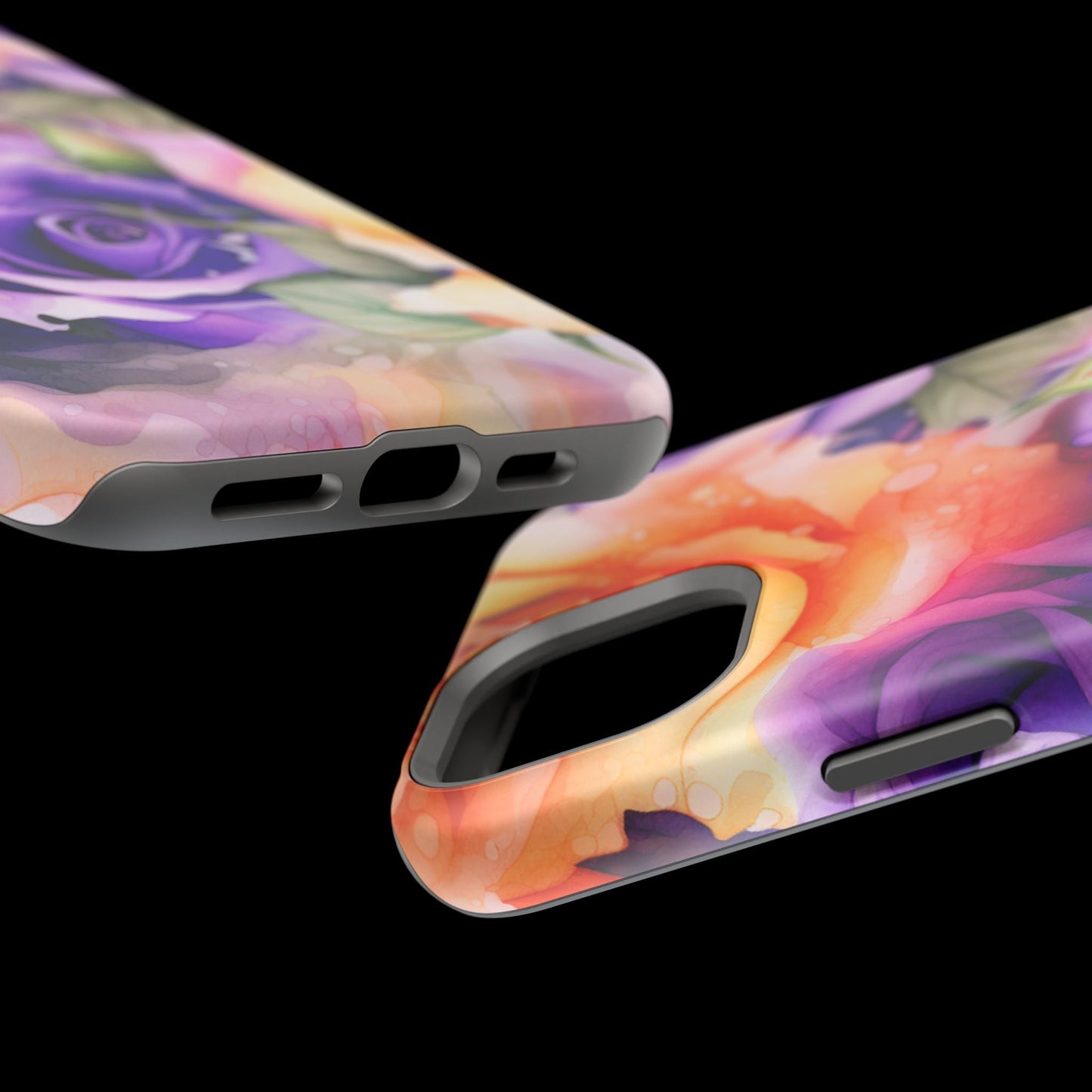 Vibrant Purple & Orange Rose MagSafe iPhone Case – Watercolor Floral Aesthetic with Wireless Charging - BOGO Cases