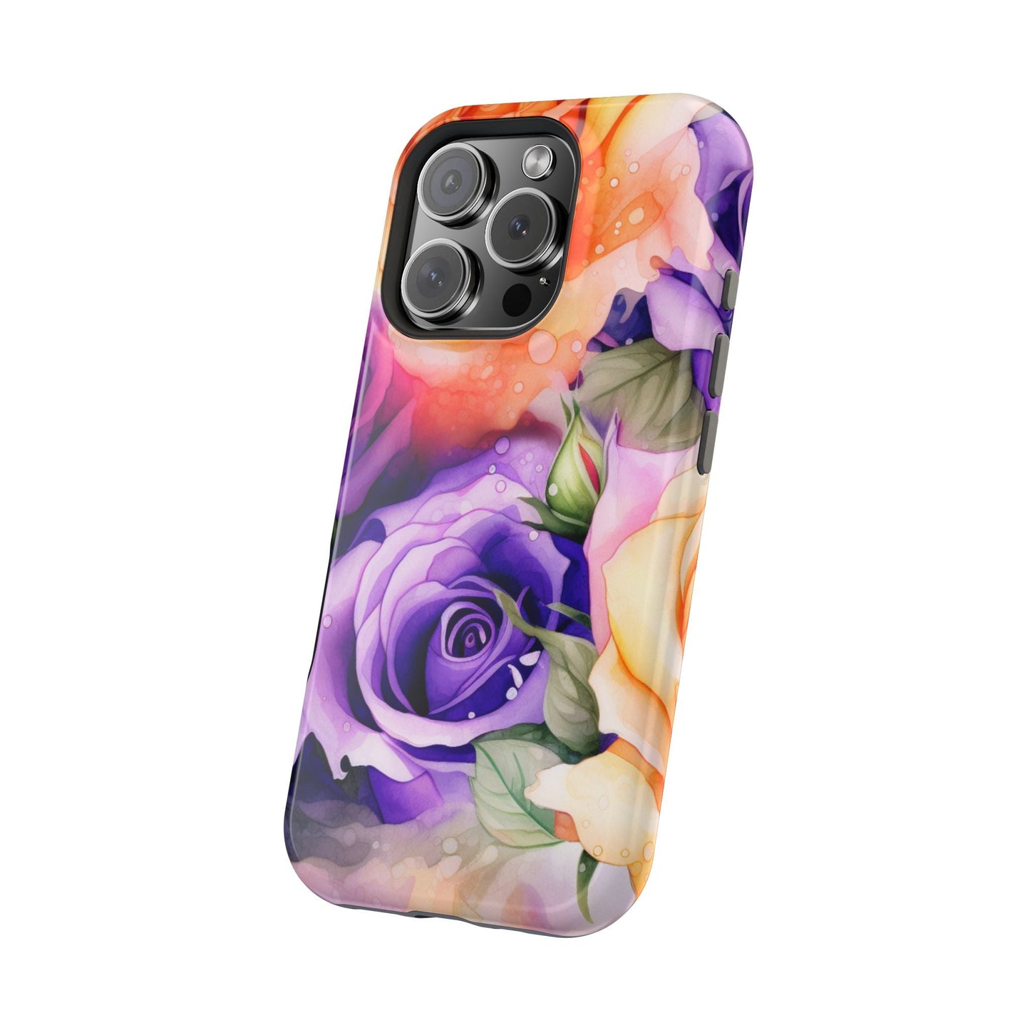 Vibrant Purple & Orange Rose MagSafe iPhone Case – Watercolor Floral Aesthetic with Wireless Charging - BOGO Cases