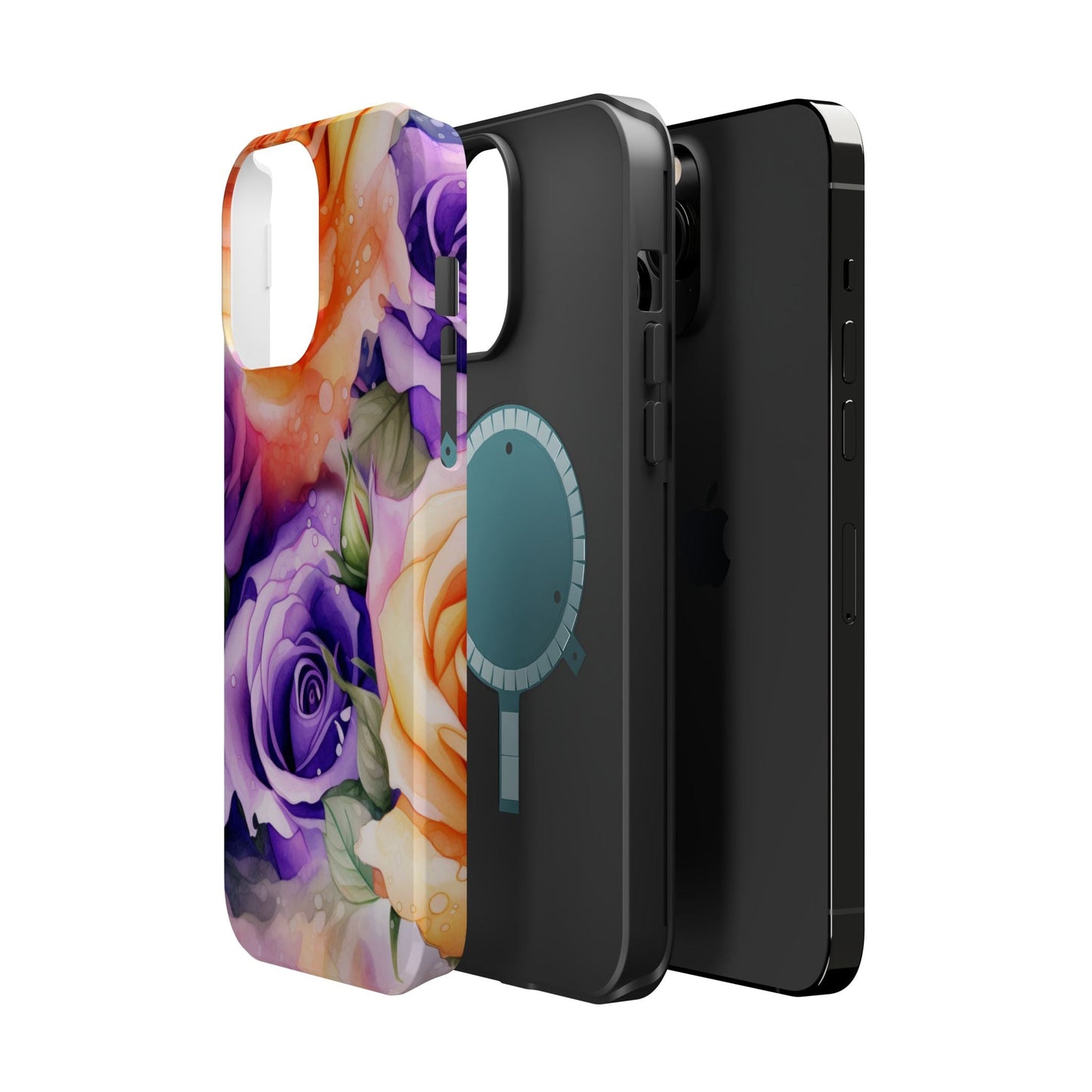 Vibrant Purple & Orange Rose MagSafe iPhone Case – Watercolor Floral Aesthetic with Wireless Charging - BOGO Cases