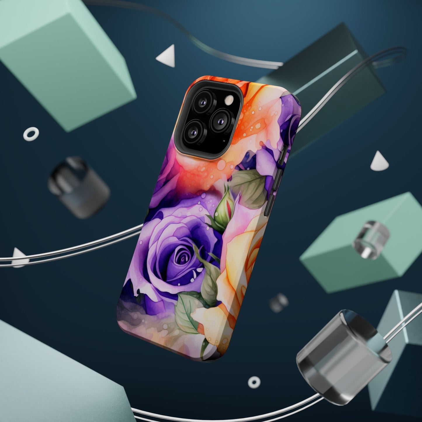 Vibrant Purple & Orange Rose MagSafe iPhone Case – Watercolor Floral Aesthetic with Wireless Charging - BOGO Cases
