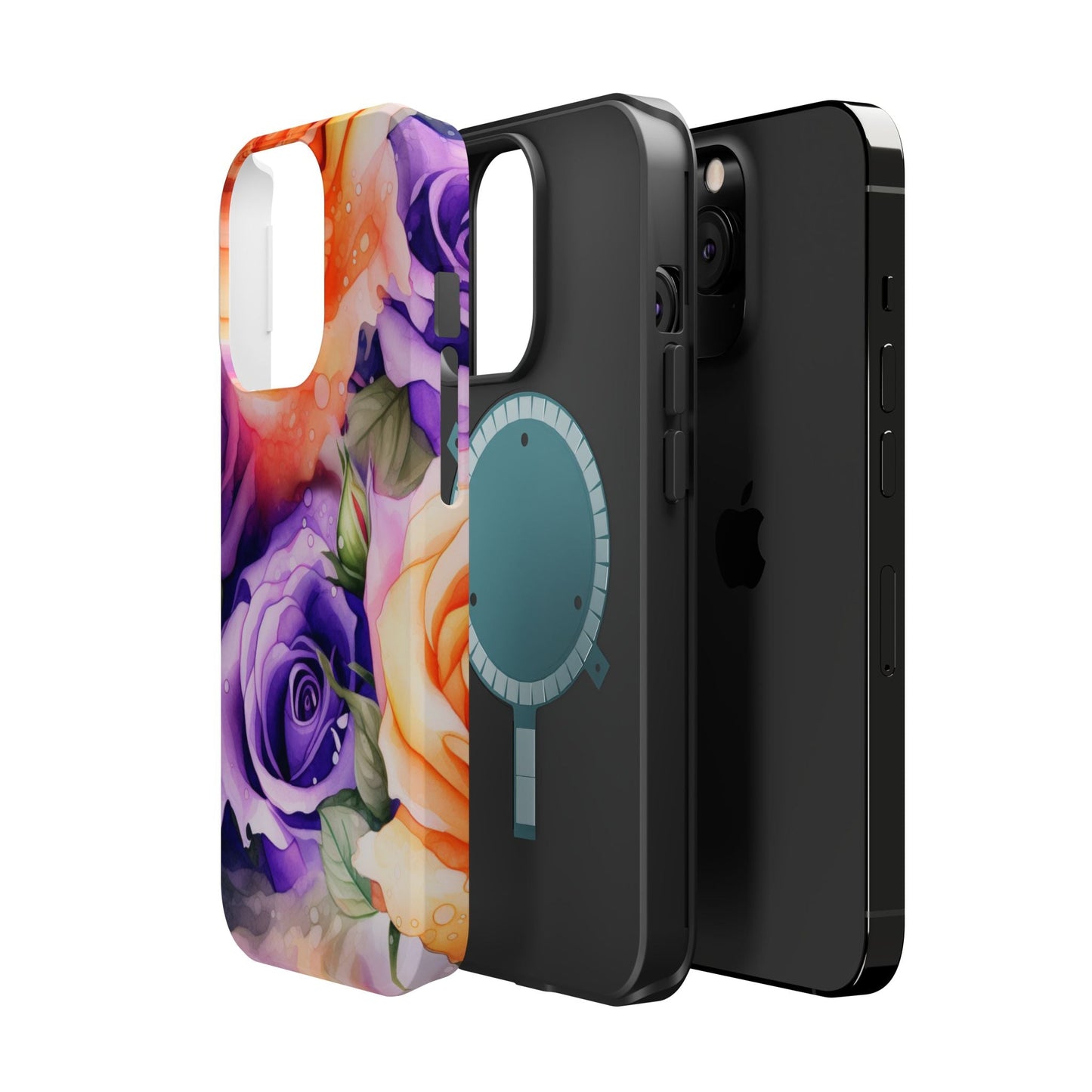Vibrant Purple & Orange Rose MagSafe iPhone Case – Watercolor Floral Aesthetic with Wireless Charging - BOGO Cases