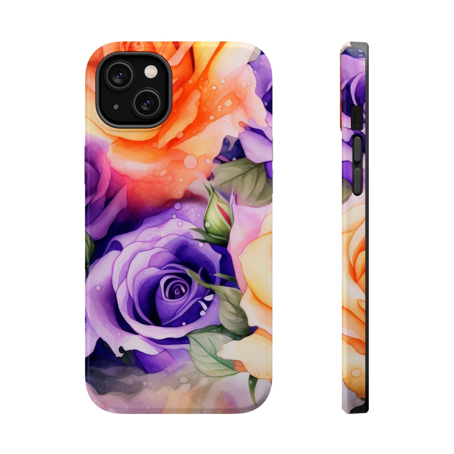 Vibrant Purple & Orange Rose MagSafe iPhone Case – Watercolor Floral Aesthetic with Wireless Charging - BOGO Cases
