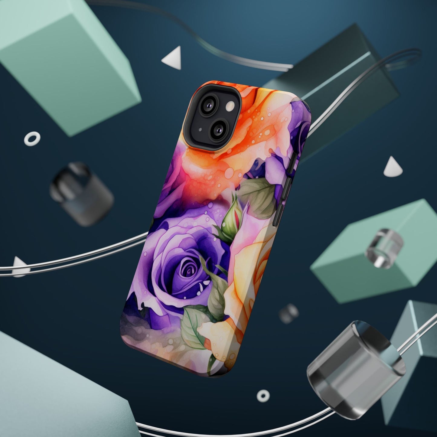 Vibrant Purple & Orange Rose MagSafe iPhone Case – Watercolor Floral Aesthetic with Wireless Charging - BOGO Cases