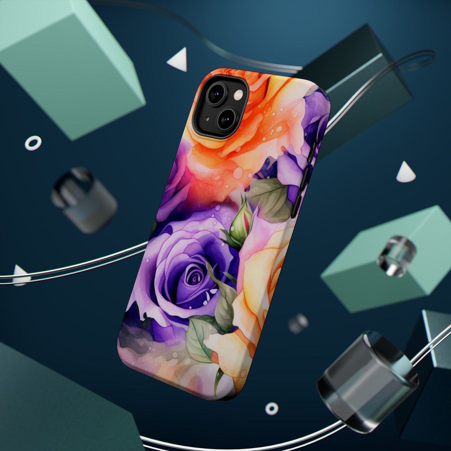 Vibrant Purple & Orange Rose MagSafe iPhone Case – Watercolor Floral Aesthetic with Wireless Charging - BOGO Cases