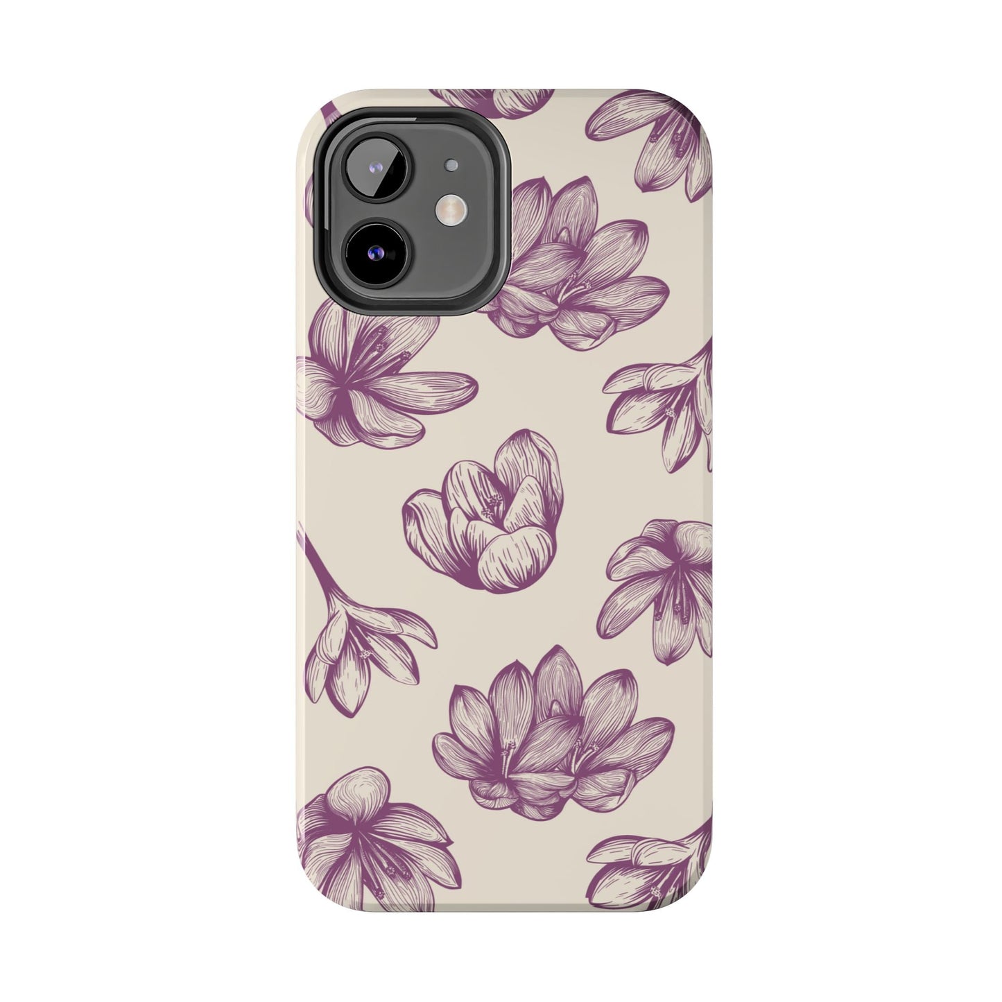 Vintage Botanical Floral Tough iPhone Case – Hand - Drawn Purple Flowers, Shockproof Design - BOGO Cases