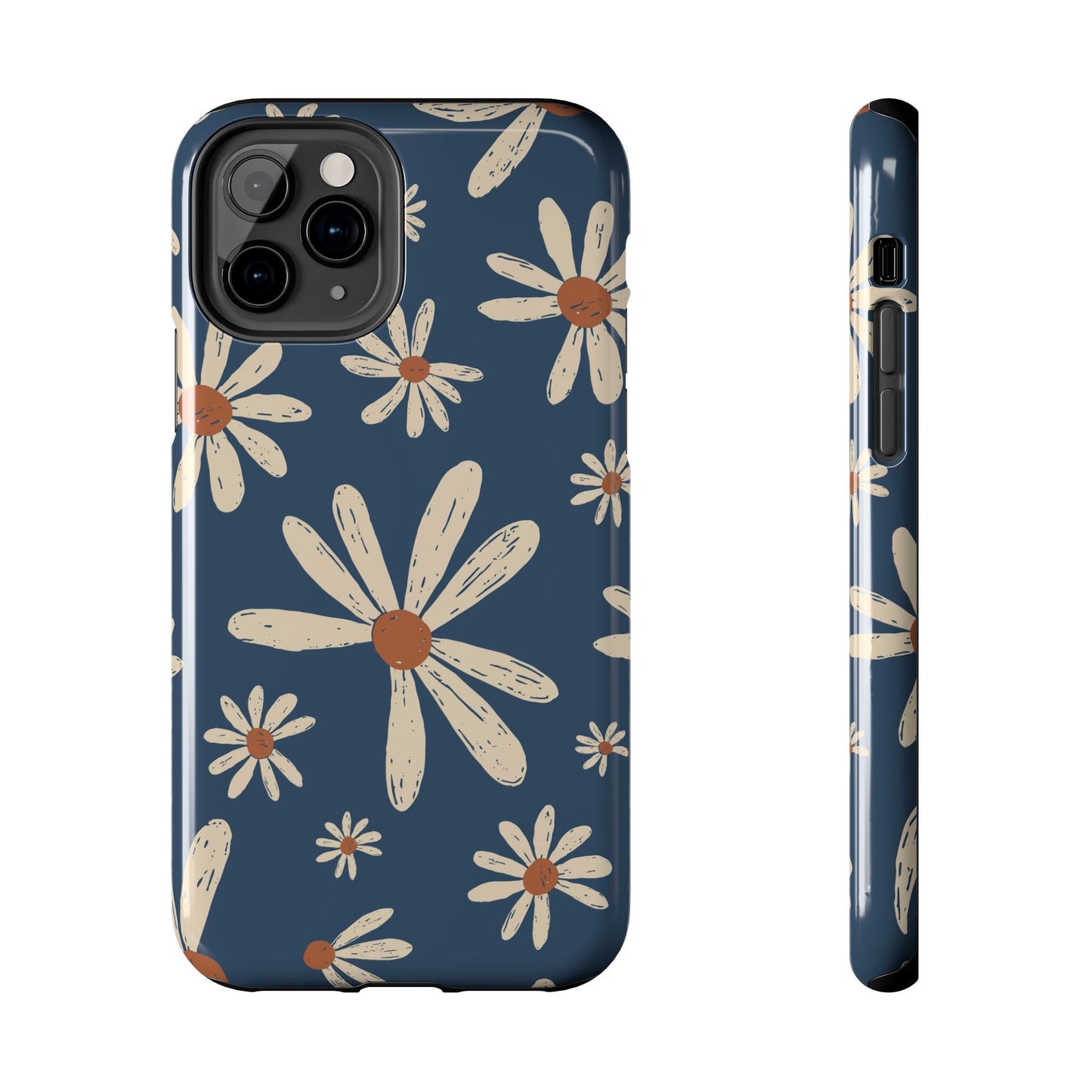 Vintage Daisies iPhone Case – Navy Blue Floral Design, Scratch - Resistant with Shock - Absorbing Bumper - BOGO Cases