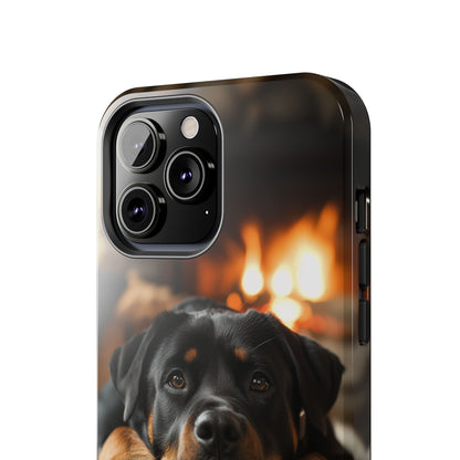 Cozy Rottweiler by the Fireplace iPhone Case – Warm Rustic Design